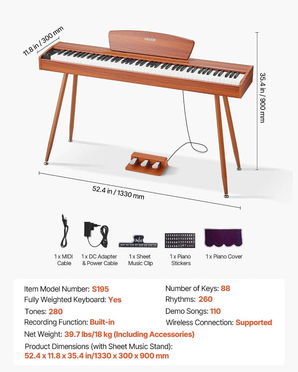 VEVOR Weighted Digital Piano, 88 Keys Fully Weighted, Electric Piano Keyboard with Sheet Music Stand, Triple Pedal, Power Adapter, 280 Tones, Support Wireless Connection, for Beginners, Wood Color