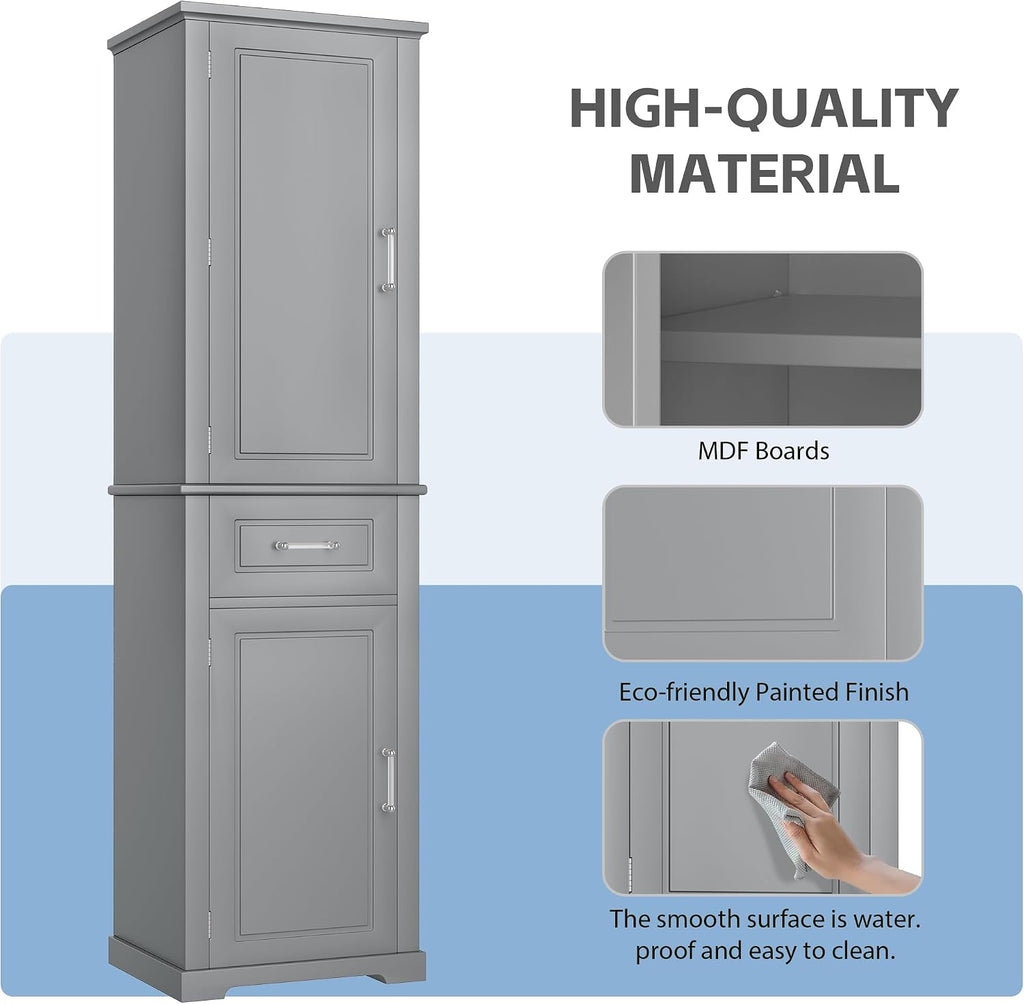 Tall Bathroom Storage Cabinet, Freestanding Bathroom Accent Storage Cabinet with Doors & Adjustable Shelves & Built-in Door Shelf for Home Kitchen, Living Room (Grey Style3)