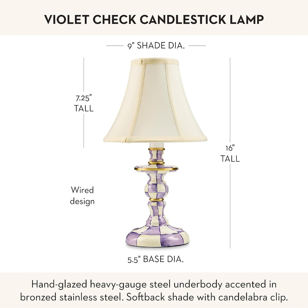 MACKENZIE-CHILDS Candlestick Lamp, Decorative Lamp for Living Room or Bedroom, Purple-and-White Violet Check