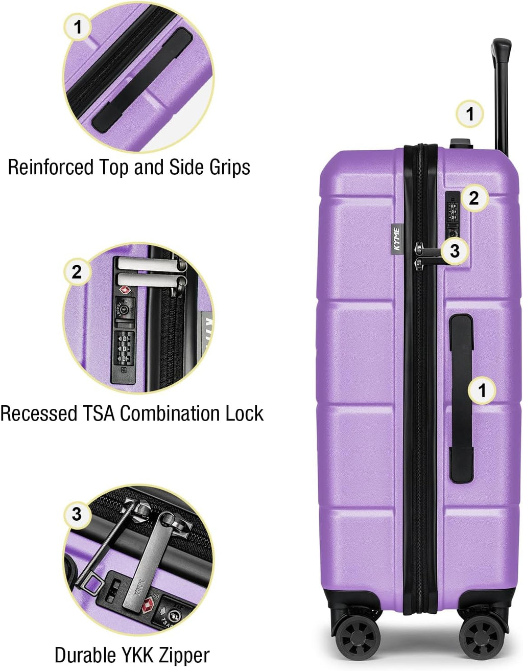 KYME Luggage Sets 2 Piece Suitcase Set Hardshell 20 inch/24 inch Luggage with Spinner Wheels Hardside PC+ABS Checked Medium Suitcase with TSA Lock for Women Lt Purple