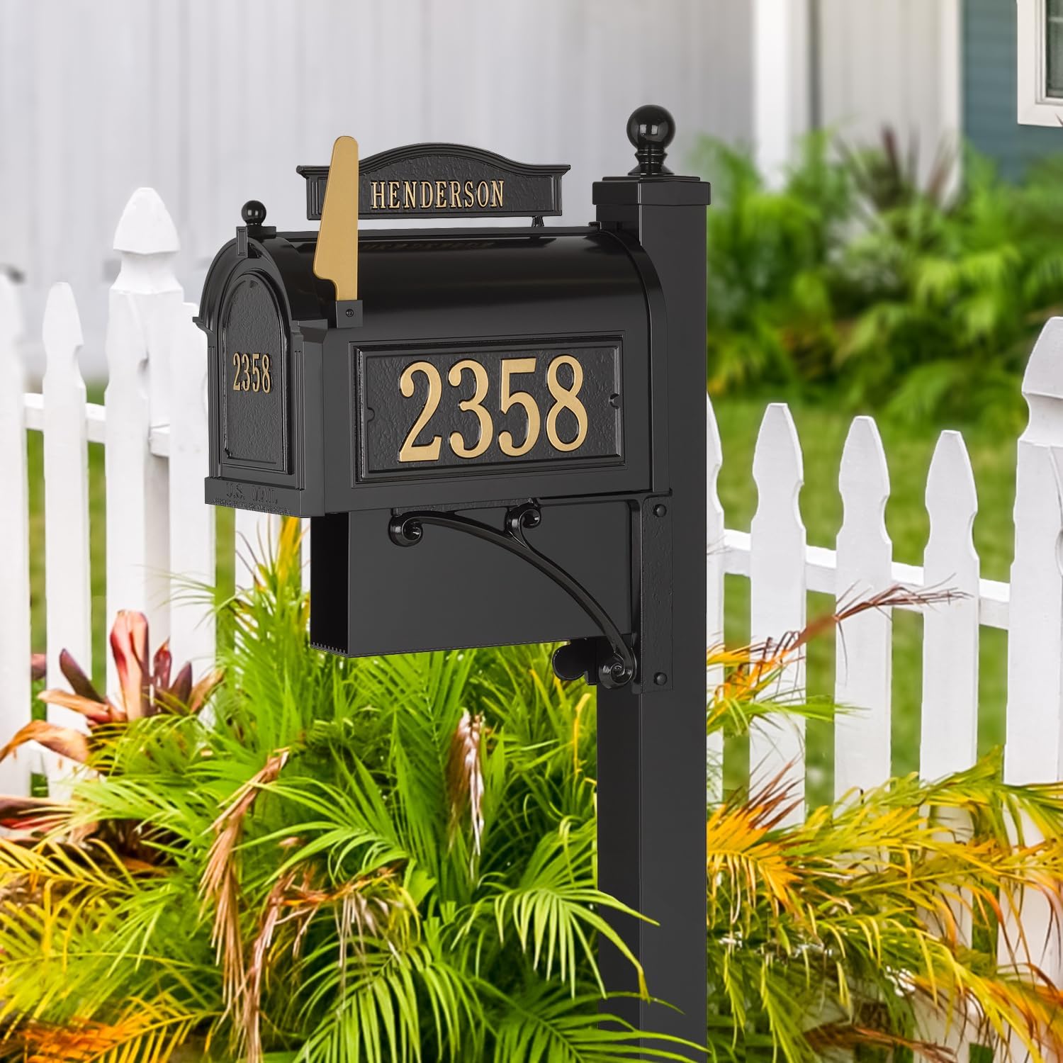 Whitehall Ultimate Mailbox Package, Personalized Large Mailbox with Post and Address Plaque for Outside - Black/Gold