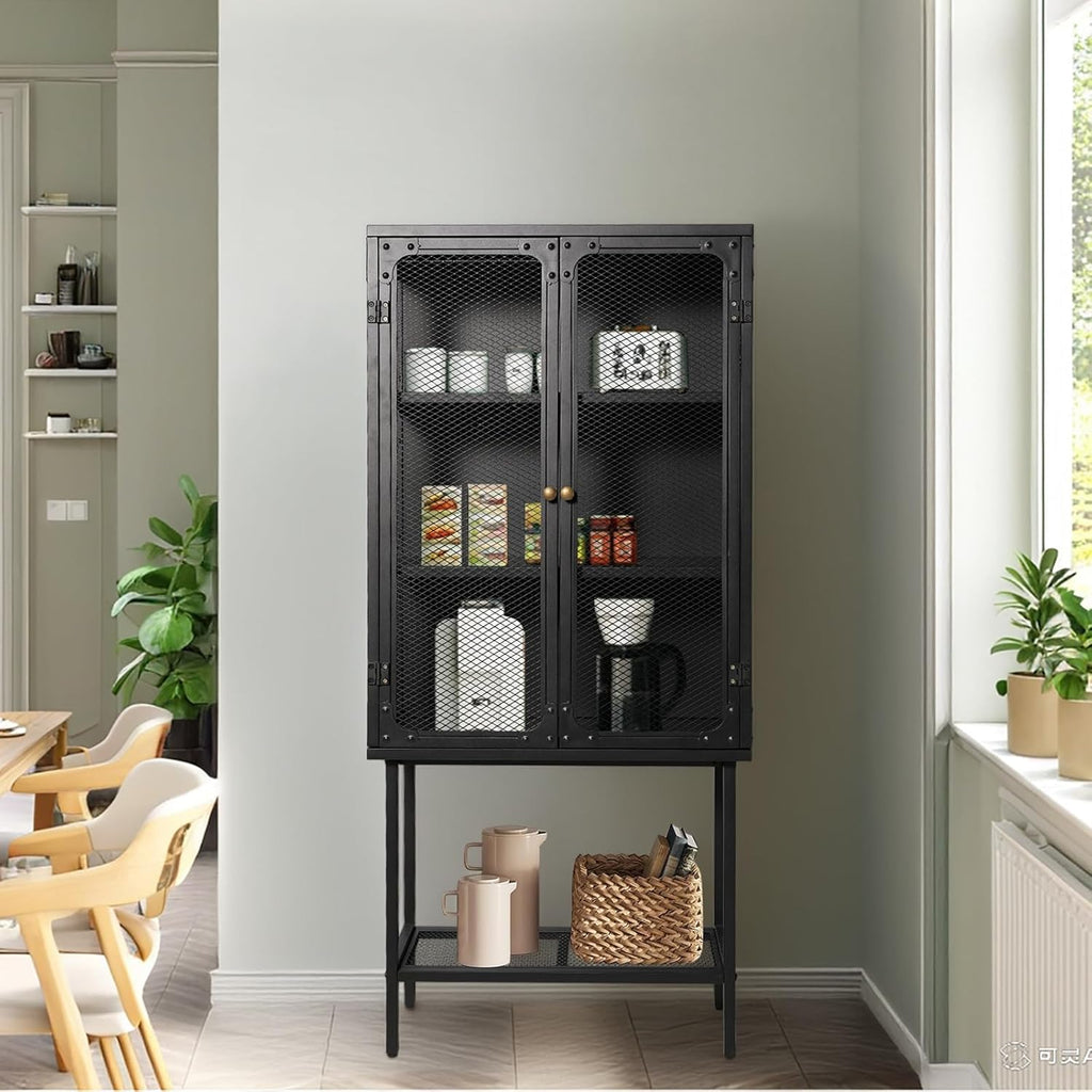 LOKKHAN Industrial Metal Display Cabinet, Black Mesh Door Storage Unit with Retro Handles, 59.1 x 27 x 12.6 Inch Tall Standing Shelving, Magnetic Holders, Adjustable Feet