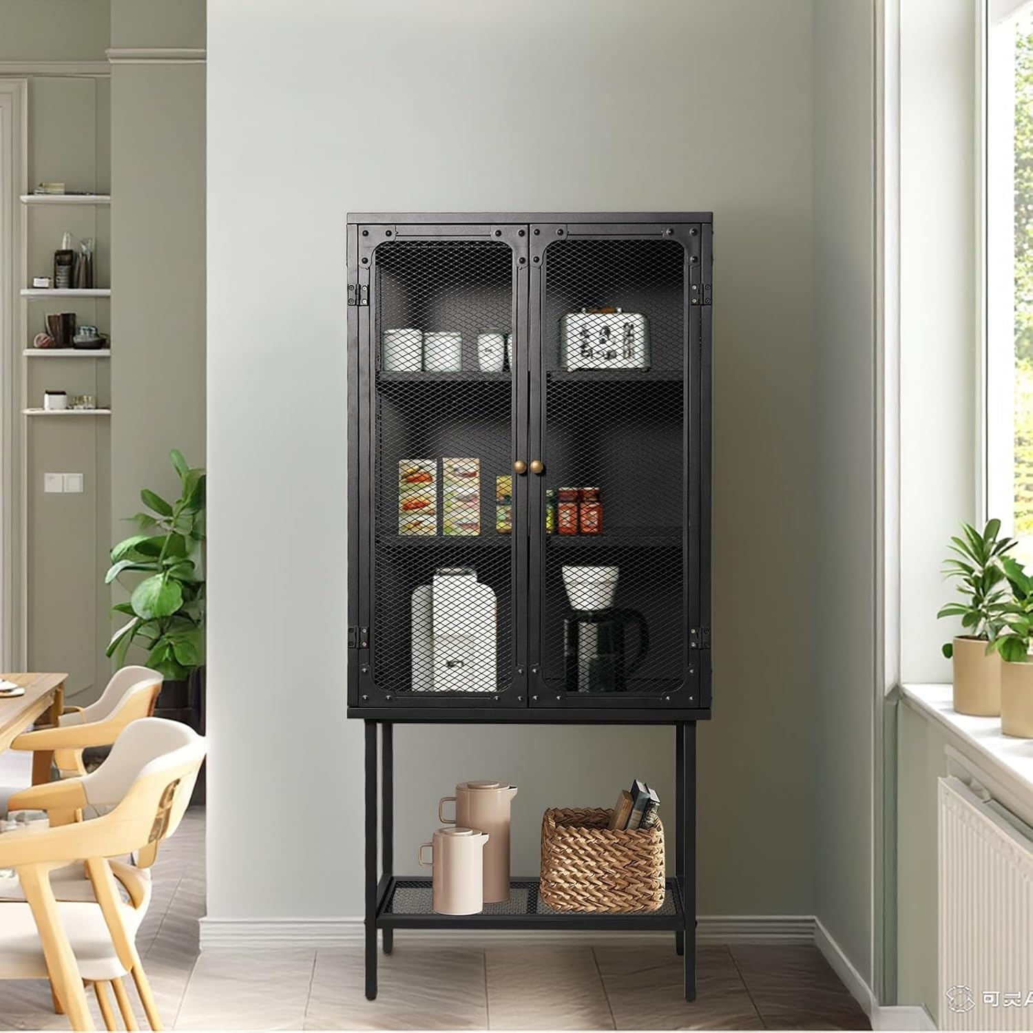 LOKKHAN Industrial Metal Display Cabinet, Black Mesh Door Storage Unit with Retro Handles, 59.1 x 27 x 12.6 Inch Tall Standing Shelving, Magnetic Holders, Adjustable Feet