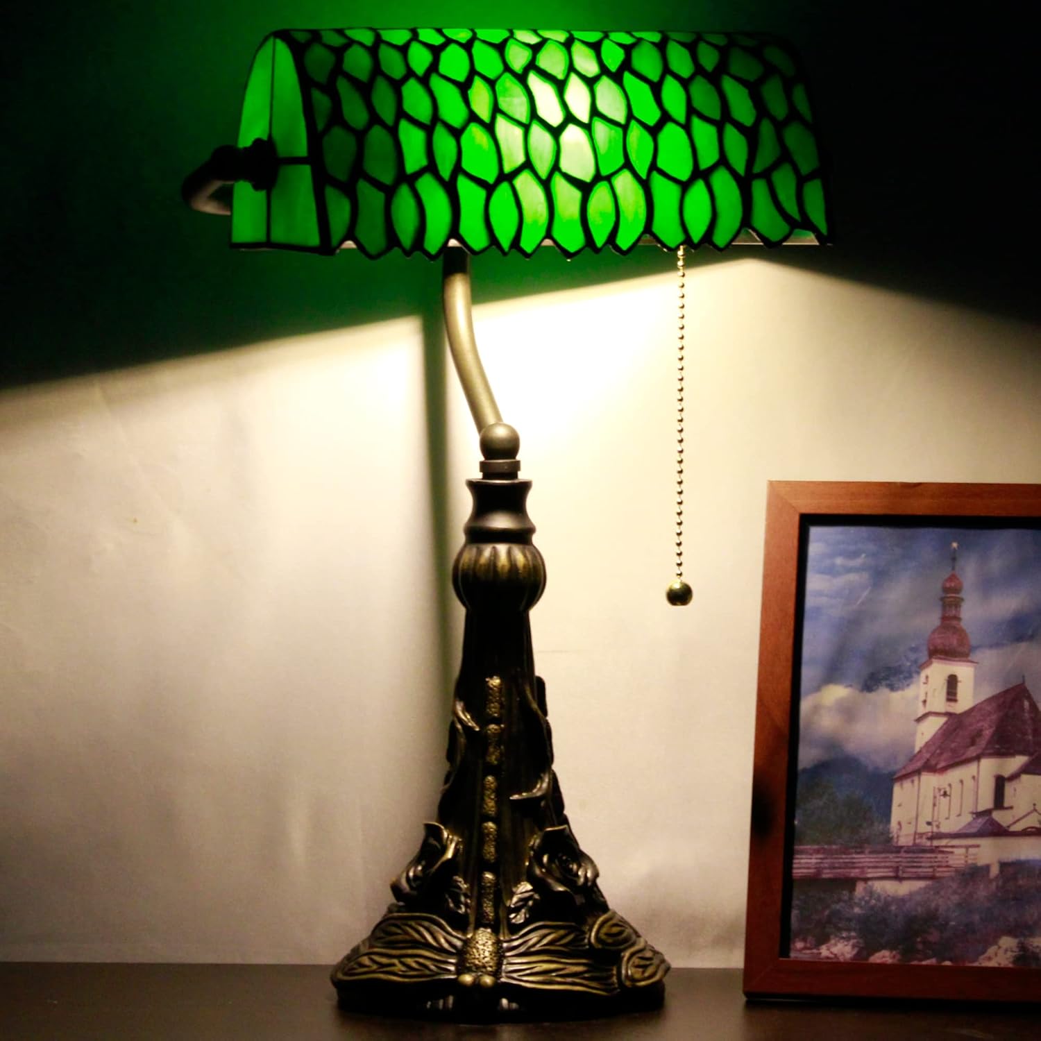 Tiffany Banker Lamp Small Stained Glass Table Lamp Tiffany Style Piano Light Green Wisteria Leaf Style Desk Lamp Angle Adjustable 10.6X15.7 Inch for Home Office Living Room Bedroom