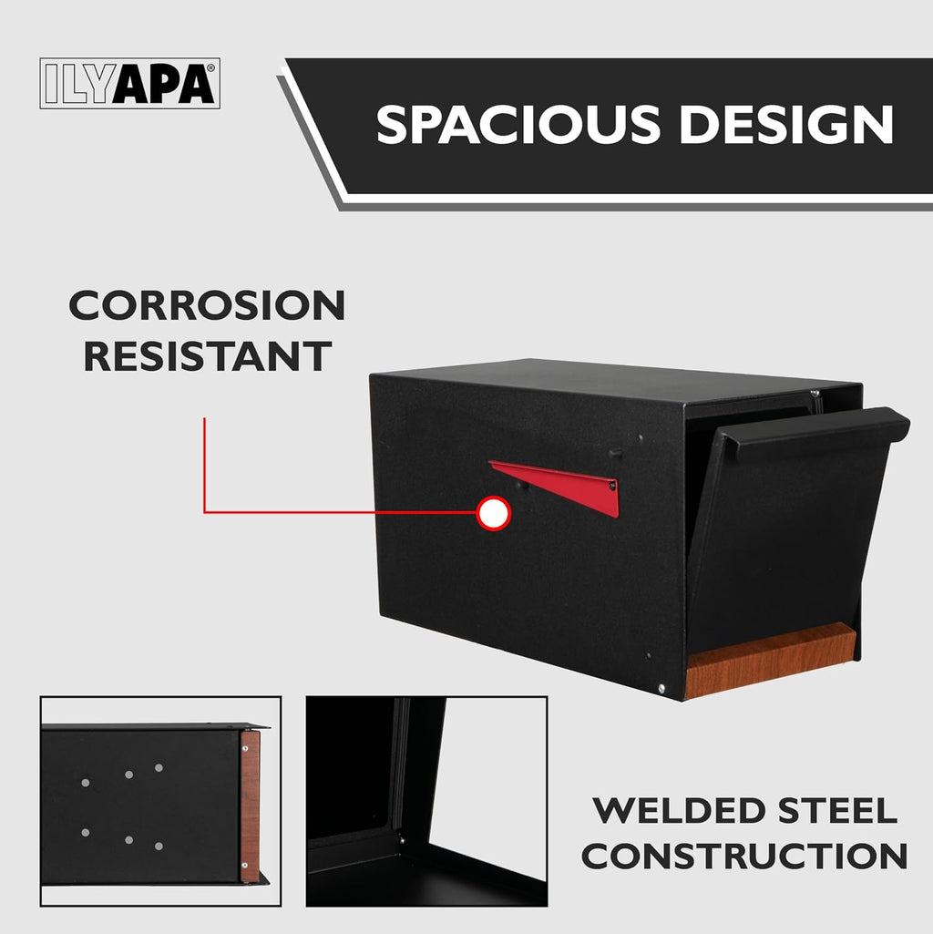 Ilyapa Modern Mailbox for Post Mount - Black Powder Coated Metal Mailbox with Printed Redwood Grain Trim - Waterproof for Parcels, Magnetic Close Door