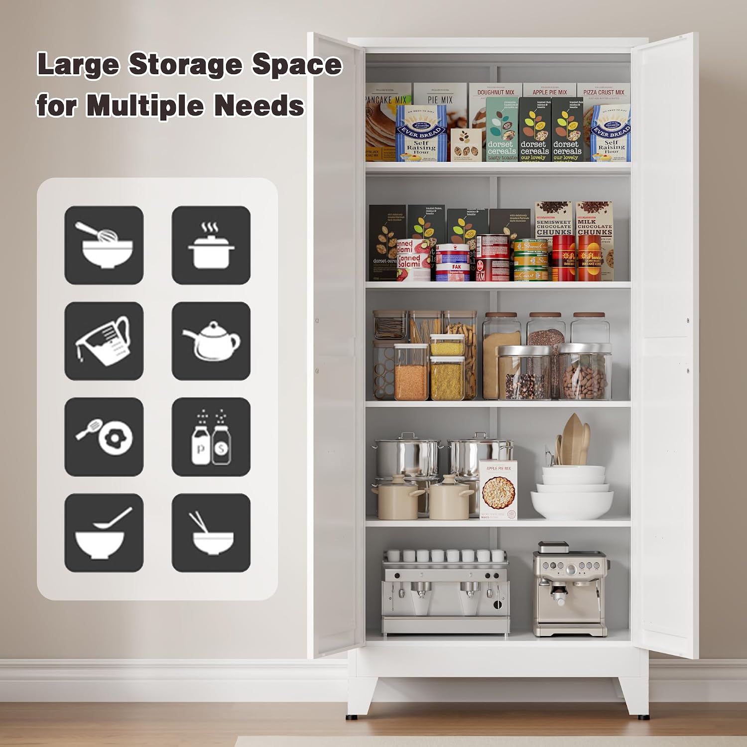 71' Tall Metal Kitchen Pantry Cabinet, Kitchen Storage Cabinets, Steel Cupboard with 2Doors and 4 Adjustable Shelves for Dining Room, Bathroom, Living Room