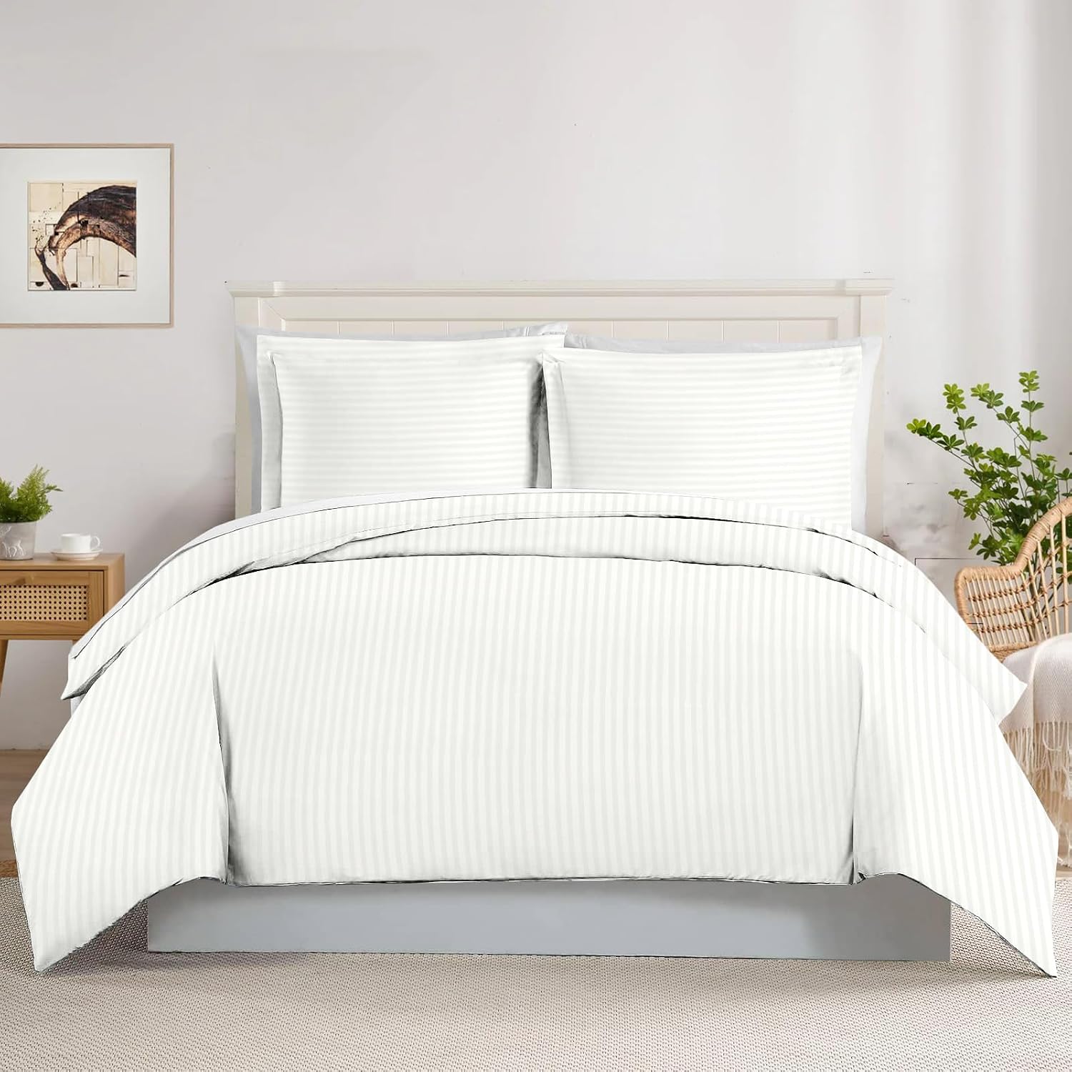 Duvet Cover Set – 3-PC, 400 Thread Count Egyptian Cotton, Easy Zipper Closure - Extra Large King Size (120' x 136') Inches, White Stripe