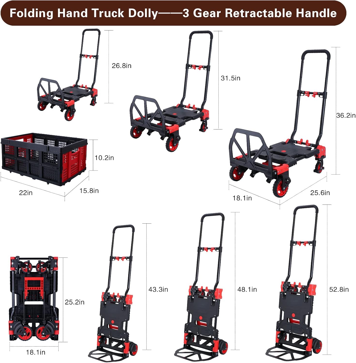 2-in-1Hand Truck Dolly Foldable with Folding Basket,330LBS Capacity Handtruck,Hand Truck Foldable Dolly with 4 Wheels,Dolly Cart with Retractable Handle,Folding Hand Cart for Moving