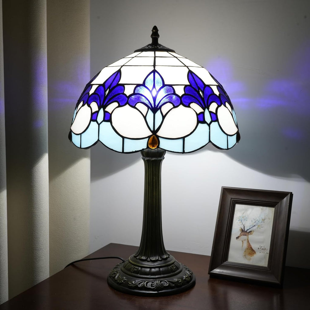 Tiffany Style Table Lamp with Blue Iris Stained Glass Lamp 12 Inch Retro Bronze Base Bedside Lamp Living Rooms, Offices, Hotel，Coffee Shop European Style Decorative Ambient Light Bedside Lamp