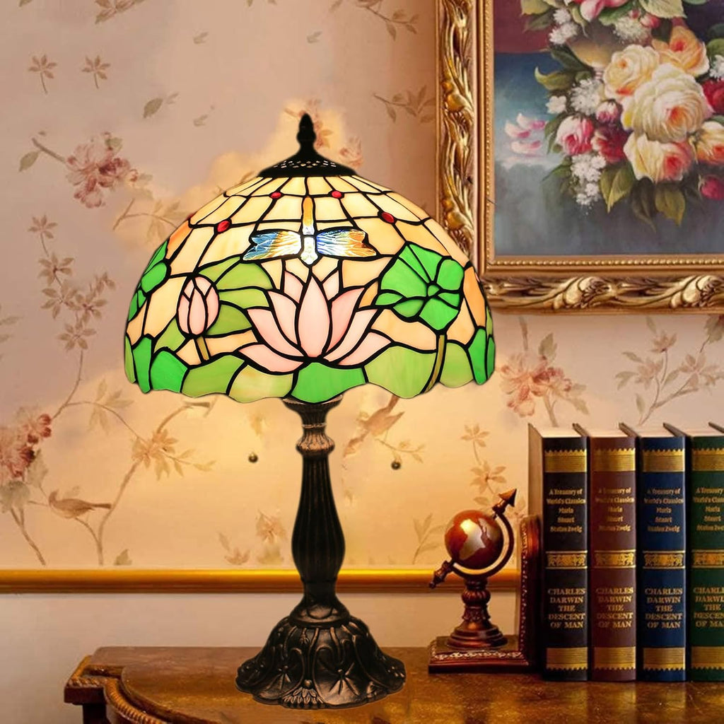 Tiffany Side Table Lamps for Living Room W/LED Bulb Lotus Flower Stained Glass Shade Bedside End Table Lamp 12X12X19Inch Desk Lamps for Home Office Classic Farmhouse Reading Table Lamps