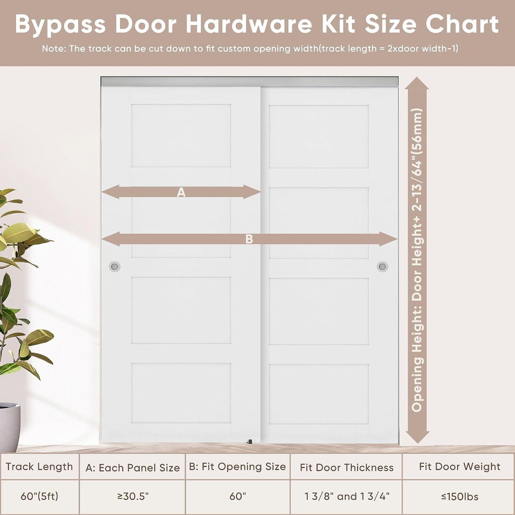 JUBEST 5FT/60 Heavy Duty Bypass Door Hardware with Soft Close Mechanism, Sliding Closet Door Hardware Set for 2 Door System, Smoothly and Quietly, Fit Door Thickness 1 3/8' or 1 3/4', Easy to Install