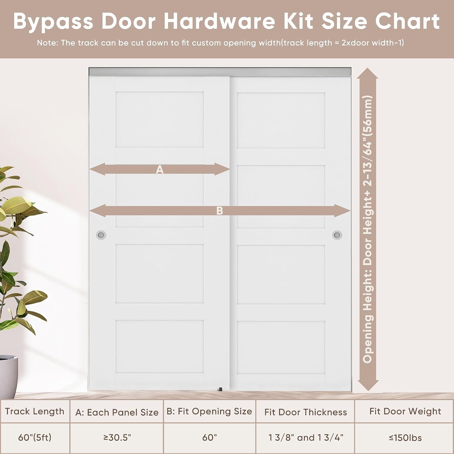 JUBEST 5FT/60 Heavy Duty Bypass Door Hardware with Soft Close Mechanism, Sliding Closet Door Hardware Set for 2 Door System, Smoothly and Quietly, Fit Door Thickness 1 3/8' or 1 3/4', Easy to Install