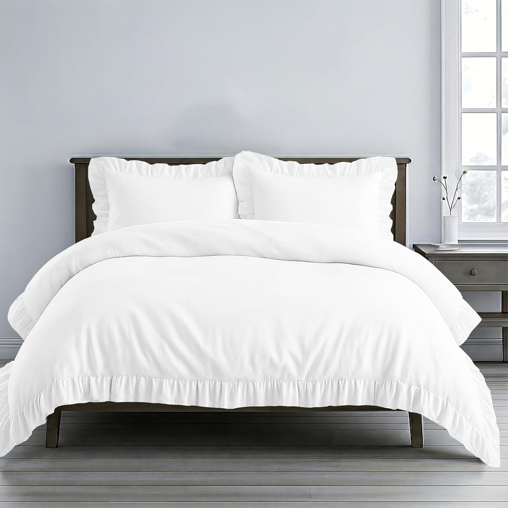 Kotton Culture 3 Pc 120'x 120' White Ruffle Trim Duvet Cover Set-Super King Plus -100% Egyptian Cotton-600 TC Frilled, Shabby Chic Bohemian-French Style- Farmhouse Decorative-Cute Comforter Cover