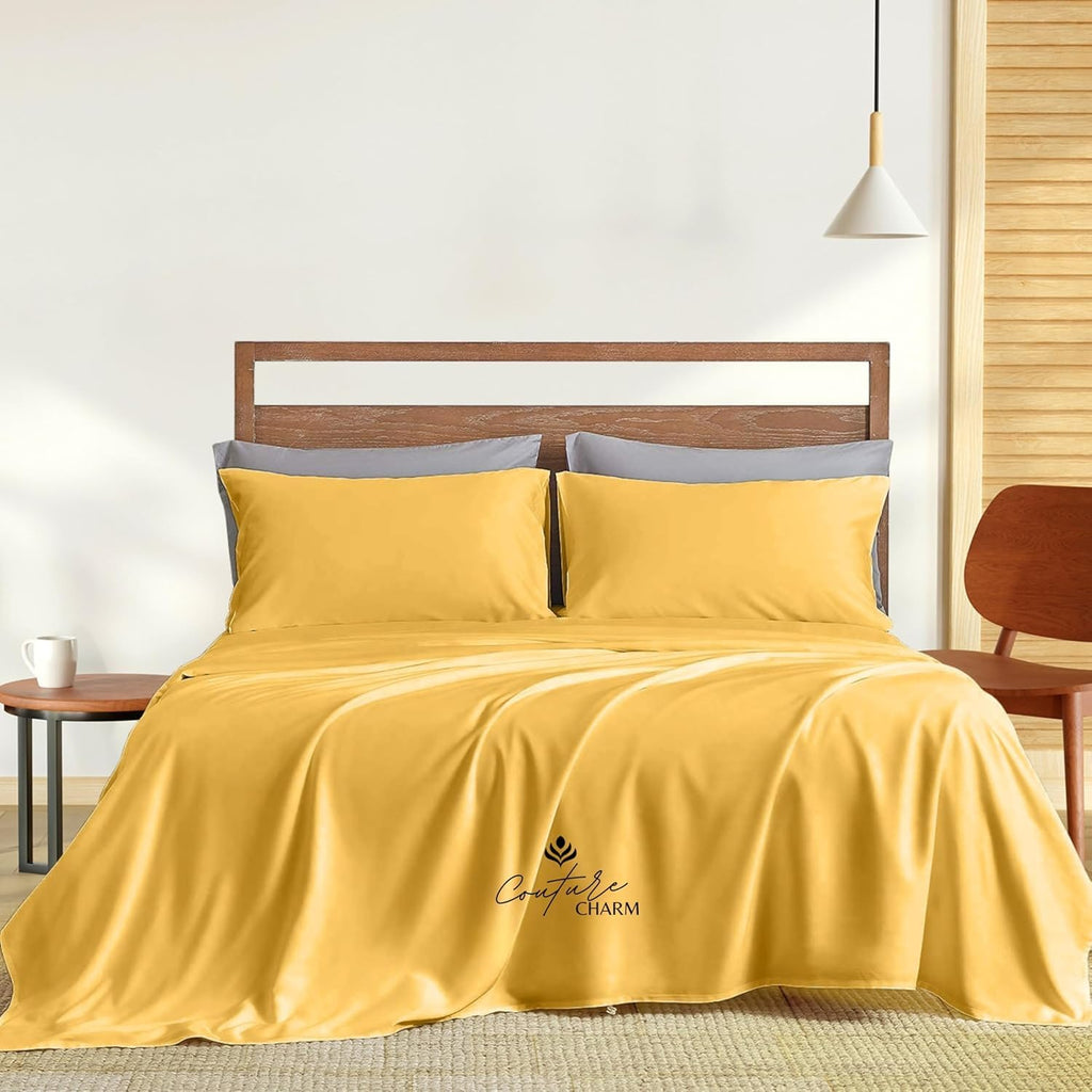 Queen Size 1000 Thread Count 100% Egyptian Cotton Sheet Set, 4-Piece, Sateen Weave, with 10-12' Inch Deep Pocket Snug Fit (Solid, Gold)