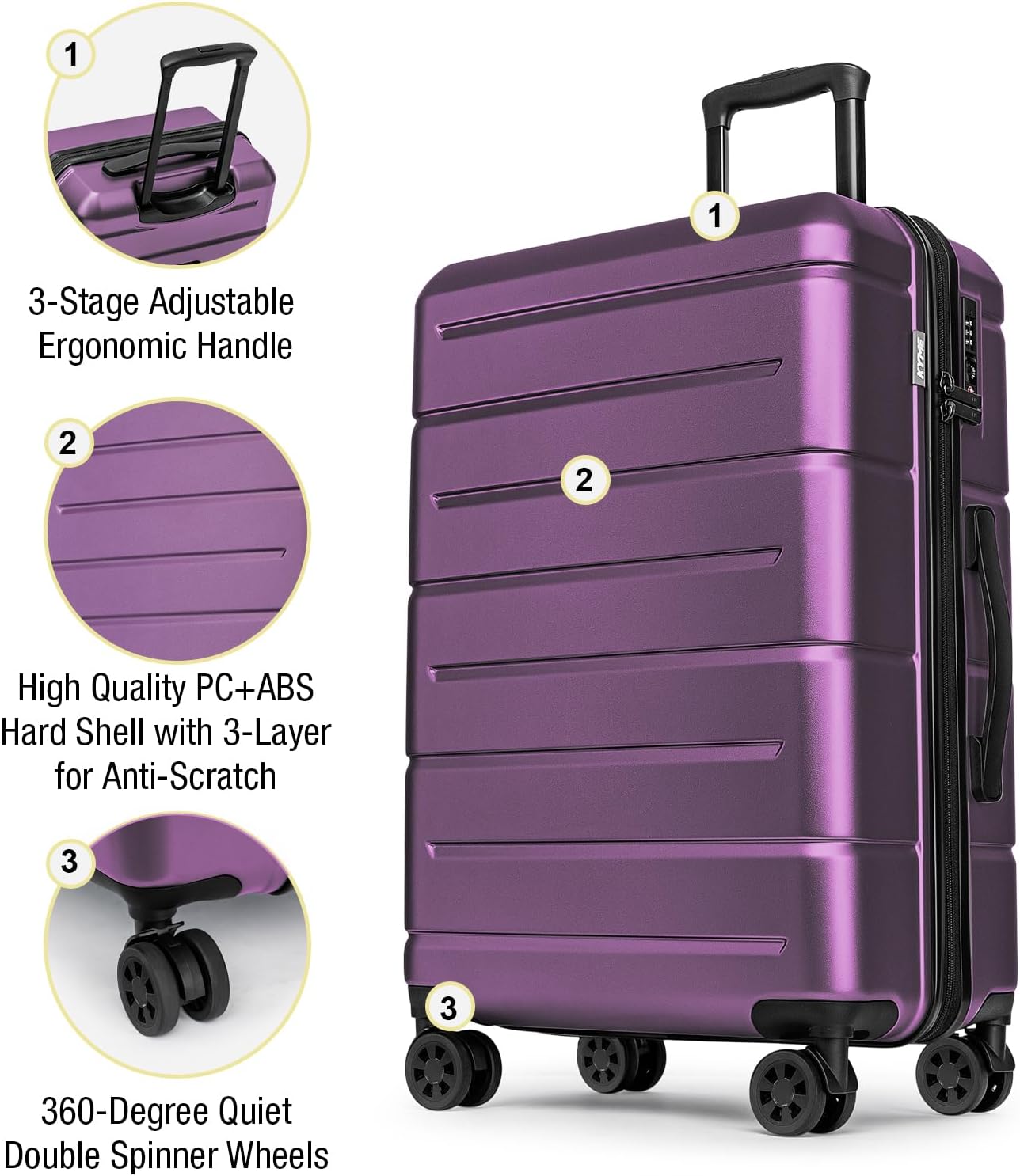 KYME Luggage Sets 2 Piece Suitcase Set Hardshell 20 inch/24 inch Luggage with Spinner Wheels Hardside PC+ABS Checked Medium Suitcase with TSA Lock for Women Dark Purple