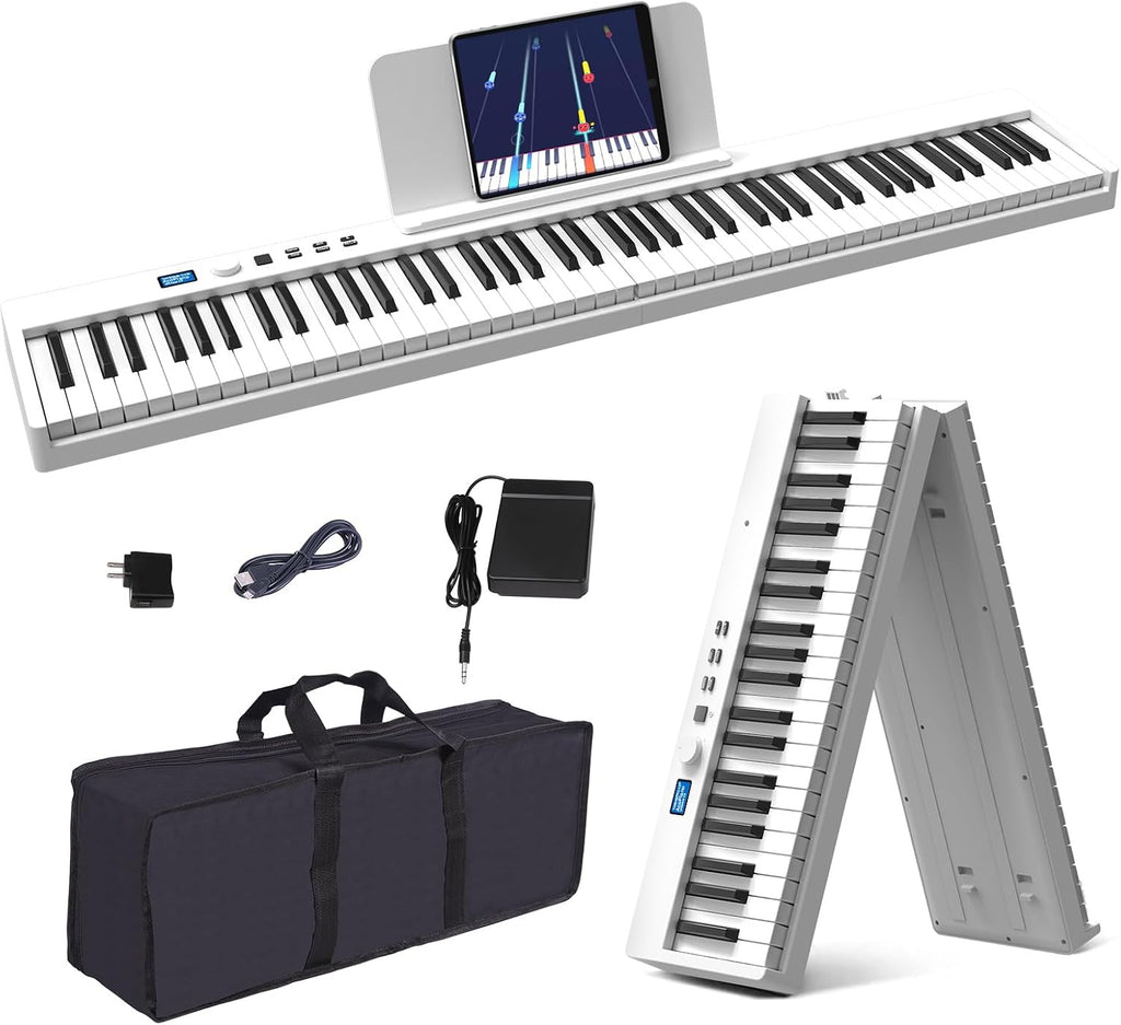KONIX Folding Piano Keyboard, 88 Key Full Size Semi Weighted Foldable Keyboard Piano, Portable Bluetooth Electric Piano with Sheet Music Stand, Sustain Pedal and Piano Bag, White