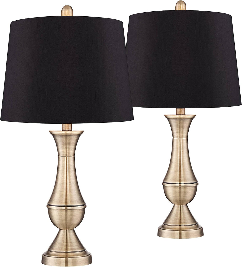 Regency Hill Becky Traditional Table Lamps 24 3/4' Tall Set of 2 Antique Brass Gold Metal Black Faux Silk Drum Shade for Bedroom Living Room House Home Bedside Nightstand Office Entryway