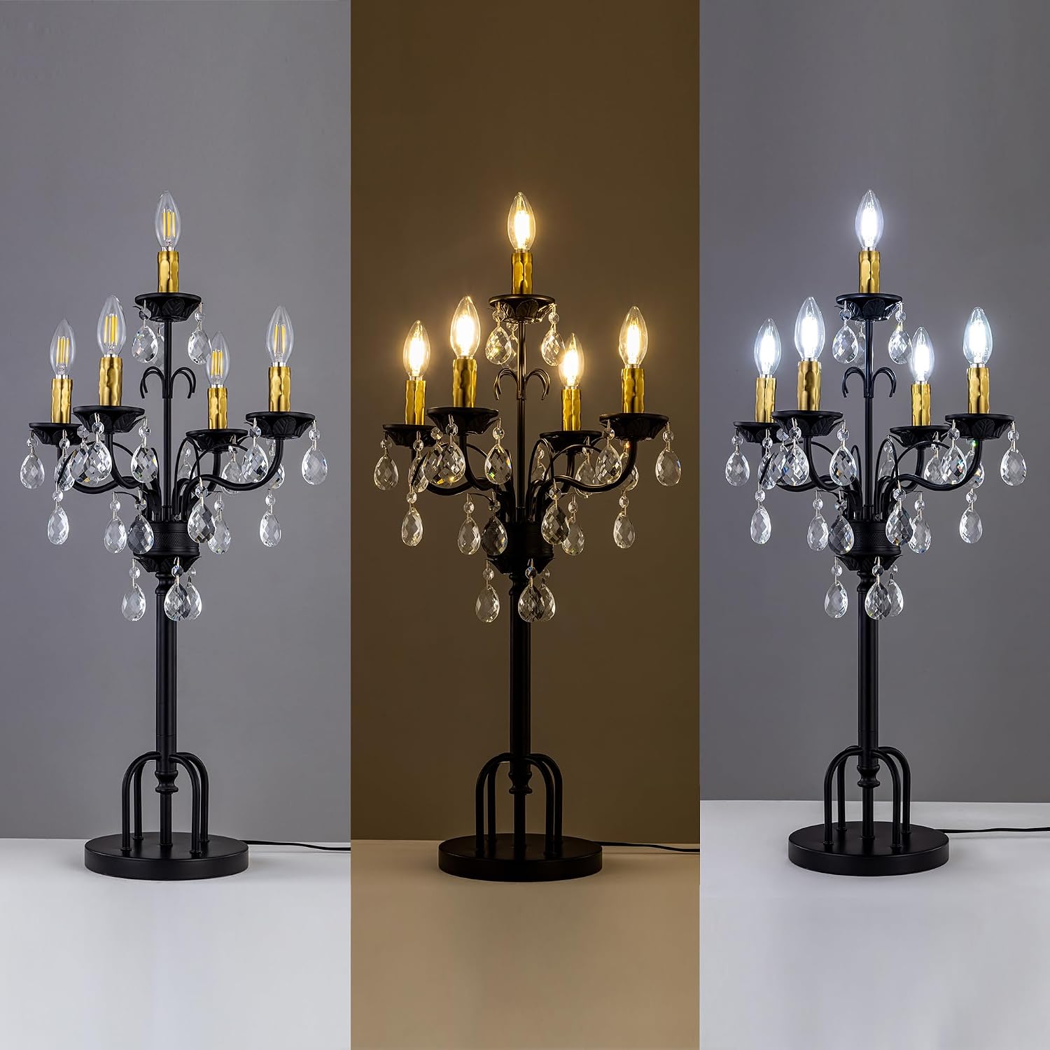TOCHIC Black Gold Crystal Table Lamp, 5-Light Modern Bedside Lamp for Bedroom, 28' Tall Vintage Desk Lamp for Living Room, Home Office, Dining Room, Staircase, Entryway