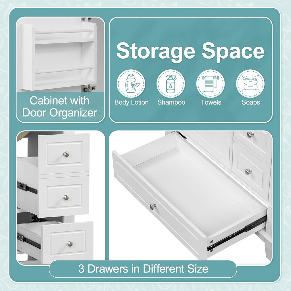 30 Inch White Bathroom Vanity with Sink,Modern Bathroom Sink Cabinet 30 Inch,Drop-in with Integrated Countertop,Storage Door Organizer & 3 Drawers,Soft Closing,Solid Wood Frame