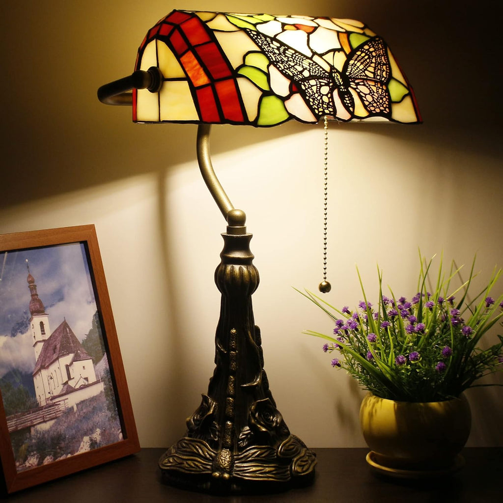 Tiffany Banker Lamp Small Stained Glass Table Lamp Tiffany Style Piano Light Desk Lamp Angle Adjustable 10.6X15.7 Inch for Home Office Living Room Bedroom (Butterfly in Flower Style)
