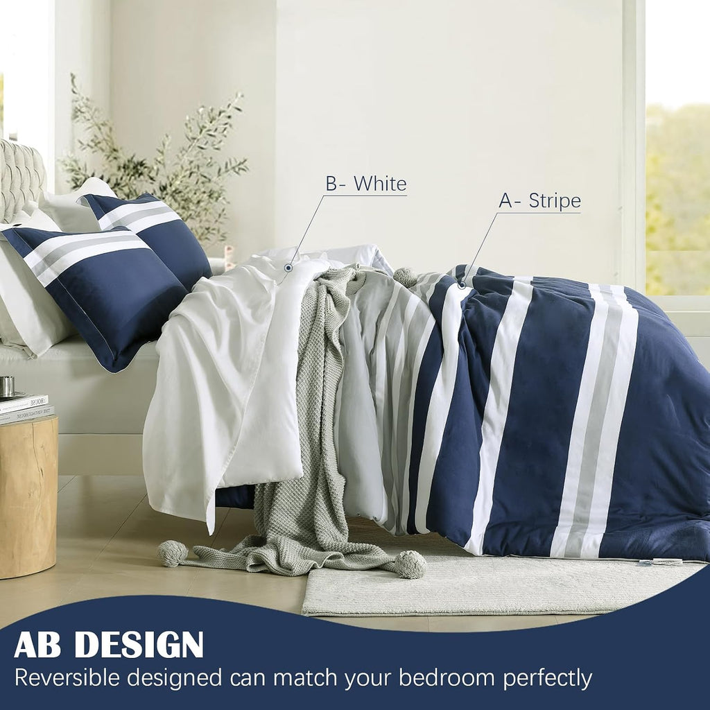 EWlinens 100% Cotton Striped King Comforter Set - Navy Blue Striped King Comforter Bedding Set, Fluffy Lightweight Quilted Reversible Comforter for King Size Bed, 104' × 90', 3pcs