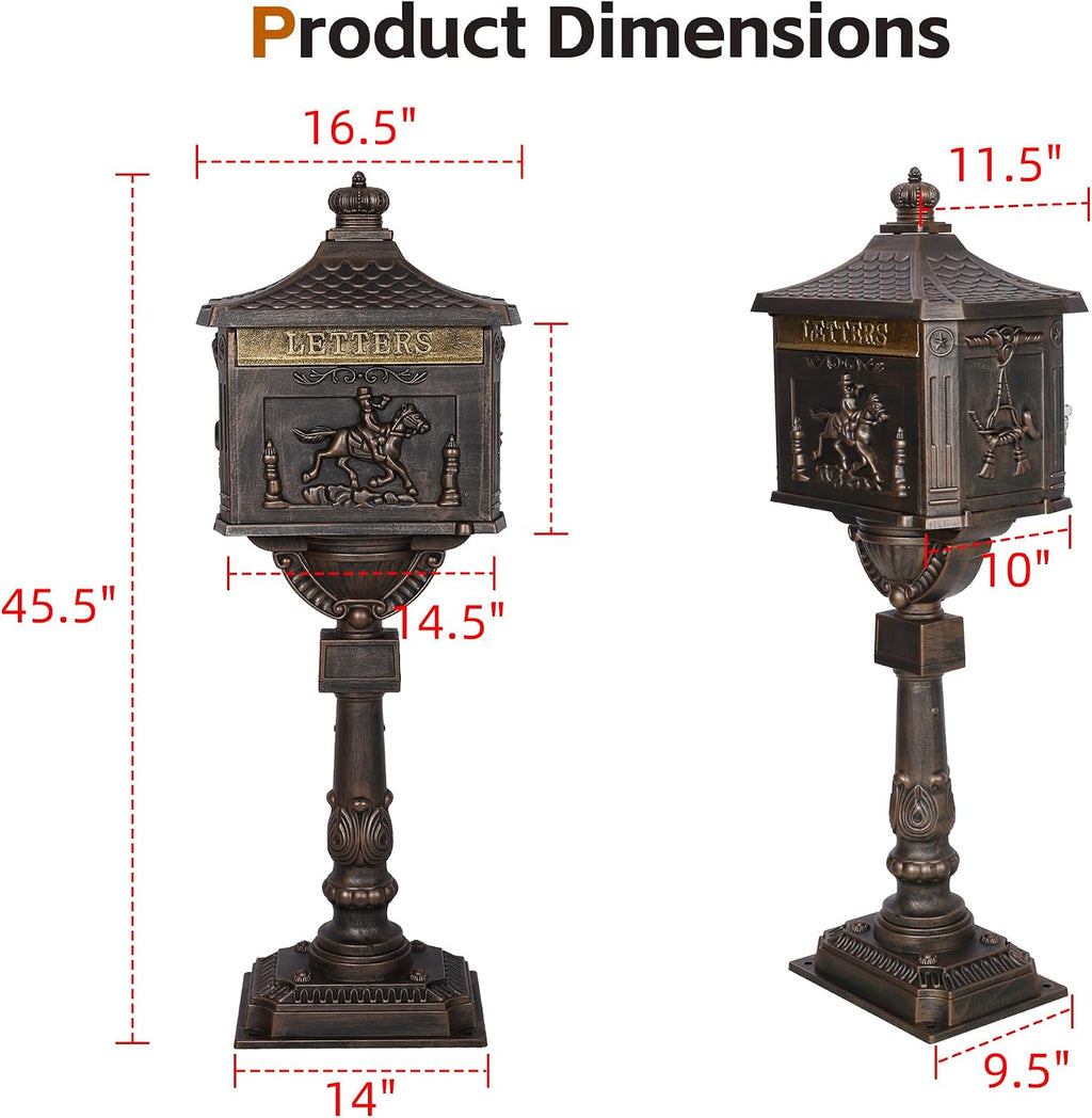 Cast Aluminum Locking Mailbox, Heavy Duty Security Postal Box, Retro Mid-Century Outdoor Mailbox with Key Lock, Weatherproof Anti-Theft Design, Easy Installation, Bronze