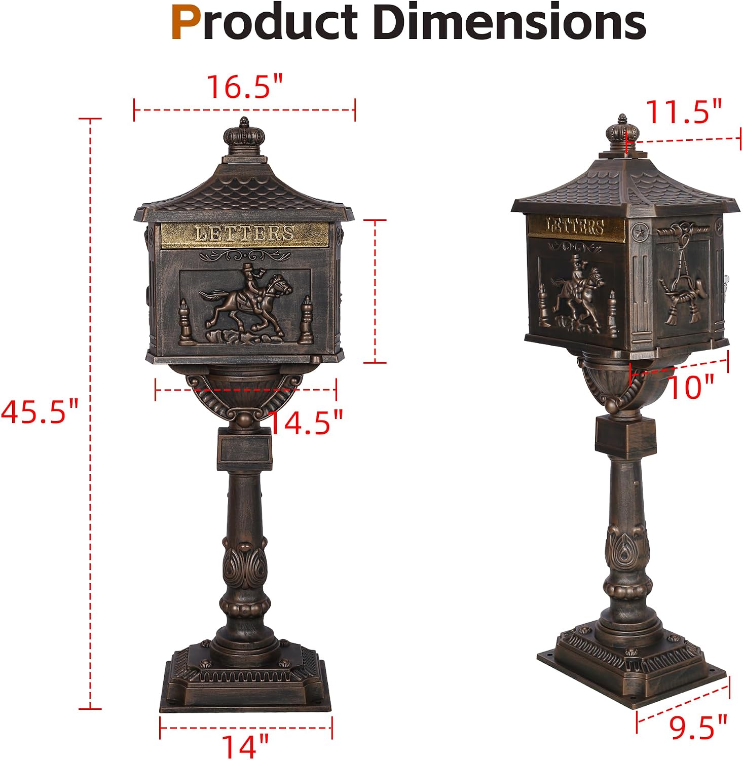 Cast Aluminum Locking Mailbox, Heavy Duty Security Postal Box, Retro Mid-Century Outdoor Mailbox with Key Lock, Weatherproof Anti-Theft Design, Easy Installation, Bronze