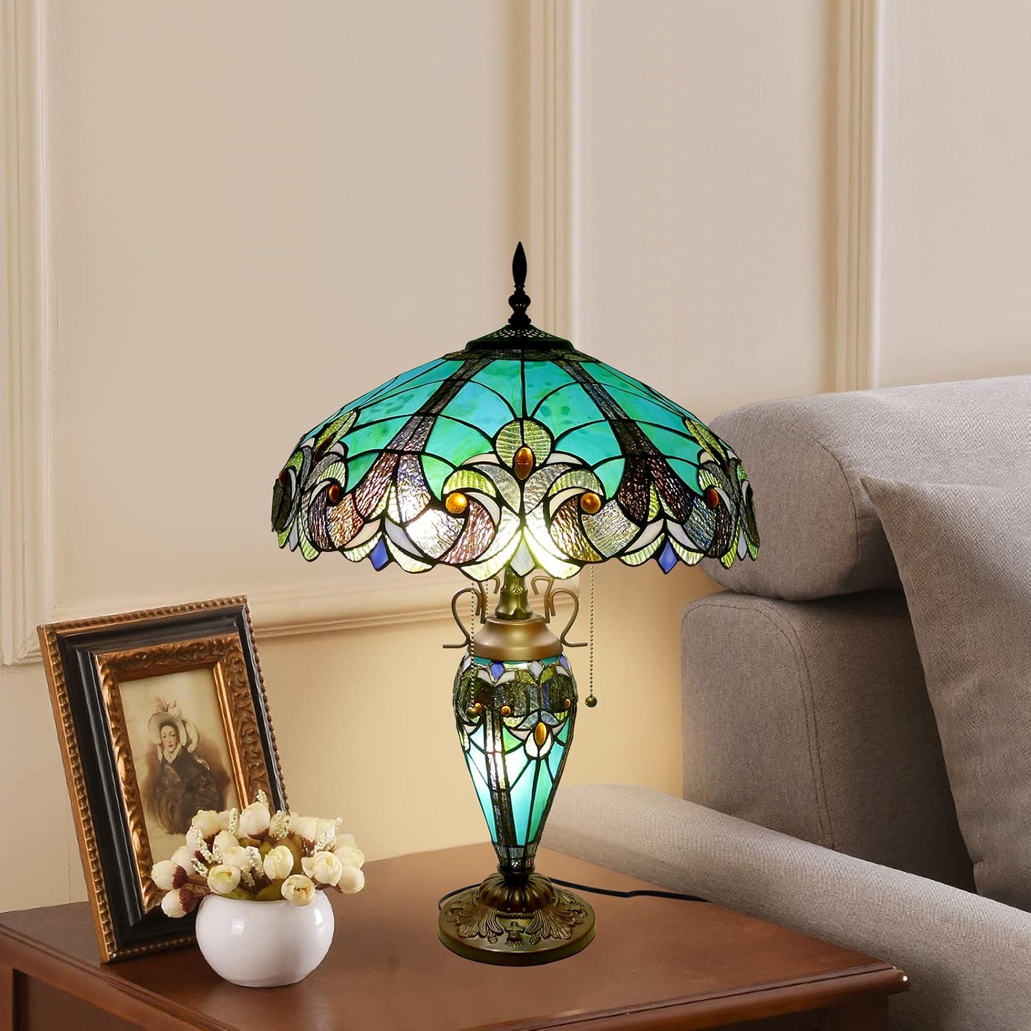 Tiffany Lamp Green Handmade Stained Glass Table Lamp Desk Light 18' Wide 24' Tall Vintage Tiffany Style Table Lamp for Bedroom Living Room Home Office, LED Bulb Included
