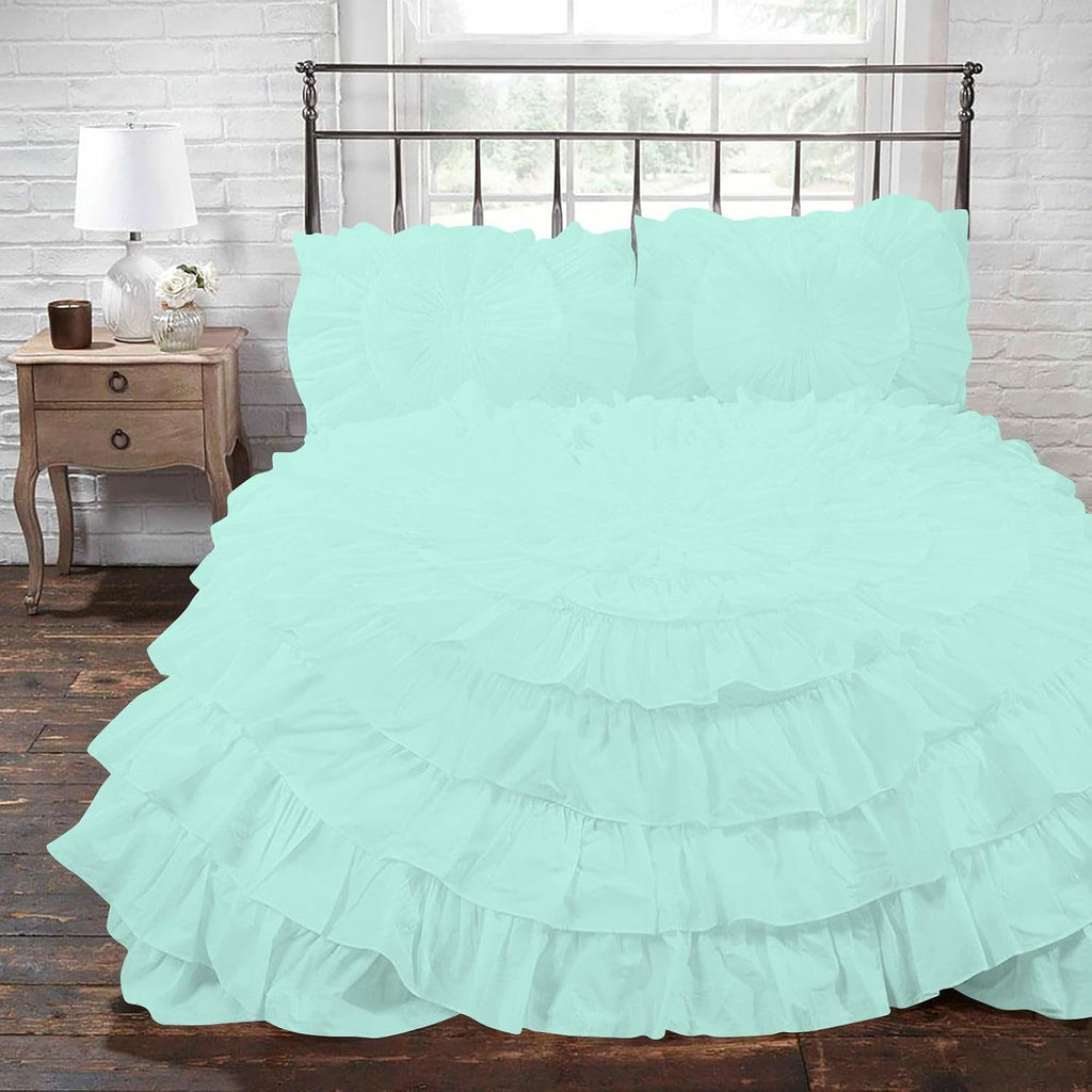 3 Piece 100% Egyptian Cotton Circle Ruffle Comforter Set, 550 GSM Filled Microfiber - Full/Queen Size, Aqua Blue Color - 1000 Thread Count