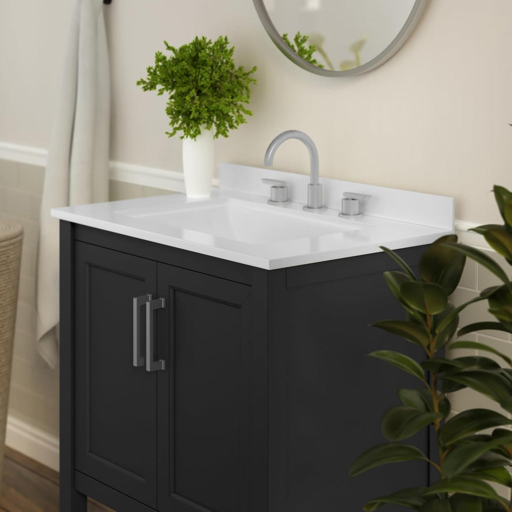 Flash Furniture Vega 30 Inch Bathroom Vanity with Sink Combo, Storage Cabinet with Soft Close Doors and Open Shelf, Carrara Marble Finish Countertop, Black