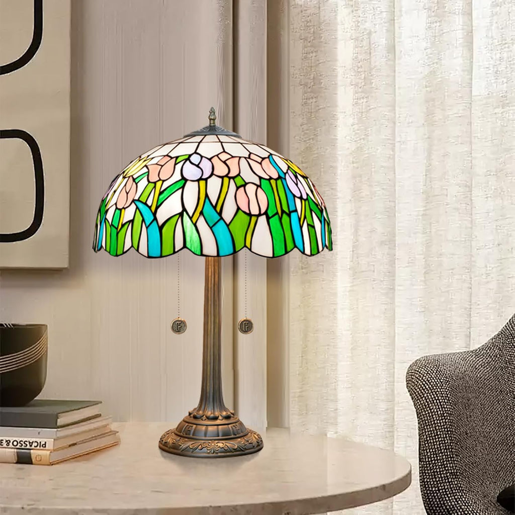 Tiffany Lamp Pink Yellow Tulips Stained Glass Table Lamp 16 inch Large Desk Light Antique Beside Reading Lamp for Home Living Room Bedroom Office