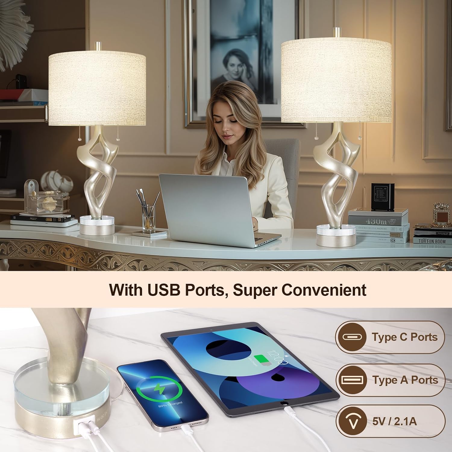 Scenekoy Sculptural Resin Table Lamp Set of 2 with USB Ports for Bedroom Living Room, 26' Antique Silver Leaf Dual Pull Chains Bedside Lamps, Nightstand Lamp for Home Room Decor (Bulbs Included)