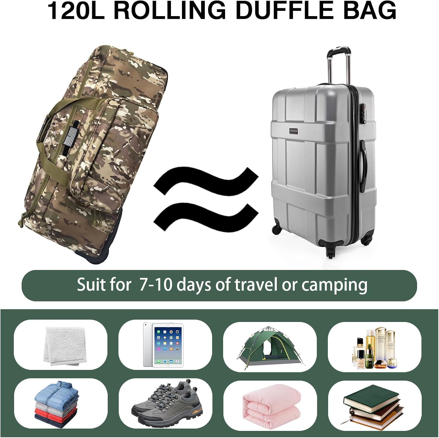 WOLT 120L Rolling Duffle Bag with Wheels, Large Deployment Military Bag, Wheeled Heavy Duty Luggage for Travel, Camping