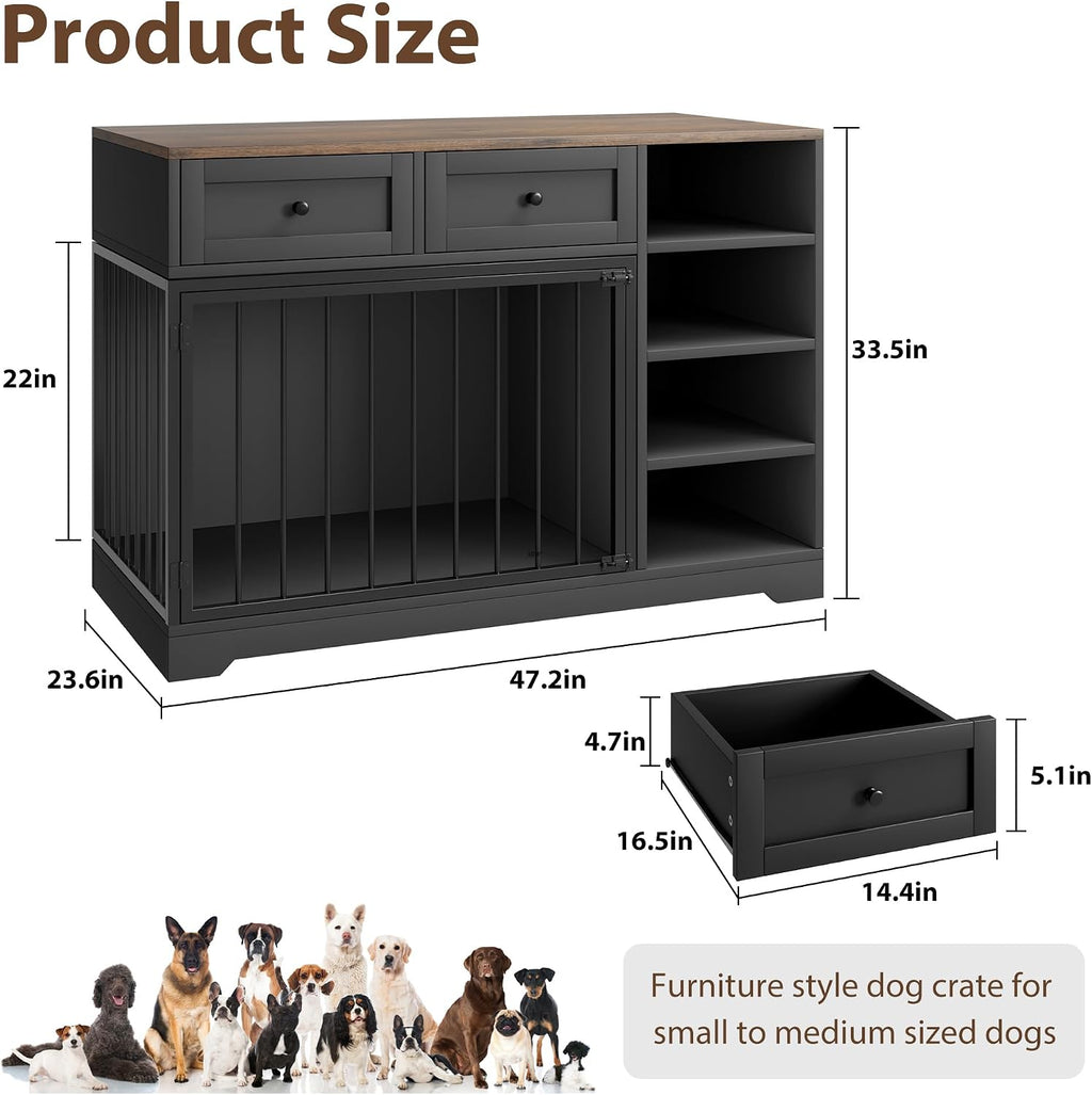 GAOMON Wooden Dog Crate Furniture with 2 Drawers and 4 Open Shelves, Multi-Functional Pet Kennel & TV Stand with Storage for Indoor Use, Black