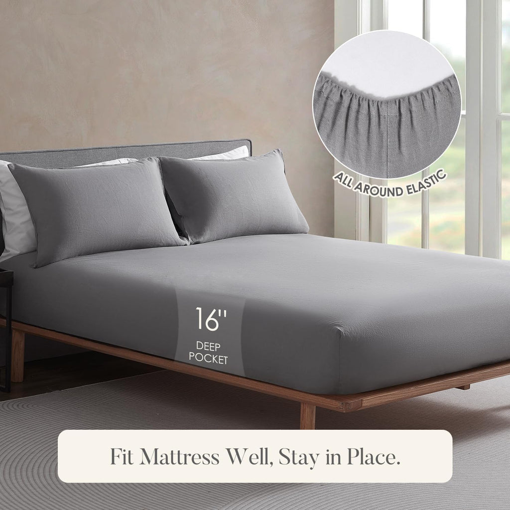 DAPU Pure Linen Sheets Set, 100% French Linen from Normandy, Breathable and Durable for Hot Sleepers, 4 Pcs Set - 1 Flat Sheet, 1 Fitted Sheet, 2 Pillowcases (Earl Gray, Queen)