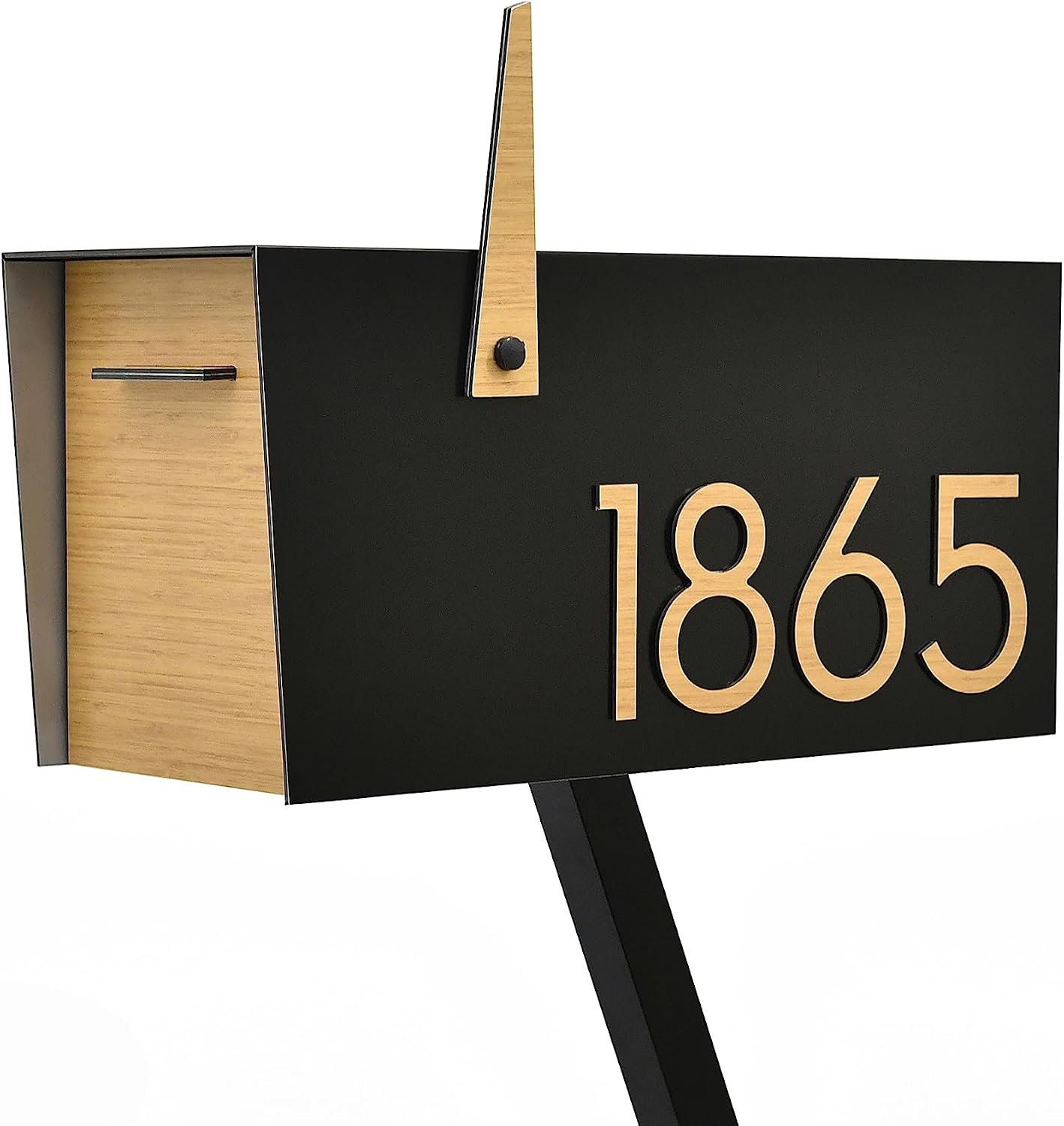 Contemporary Post-Mount Mailbox - Aluminum Black Body with Aluminum Door, Numbers and Flag - Large Customized Mailbox - Type 4 (Bamboo Wood)