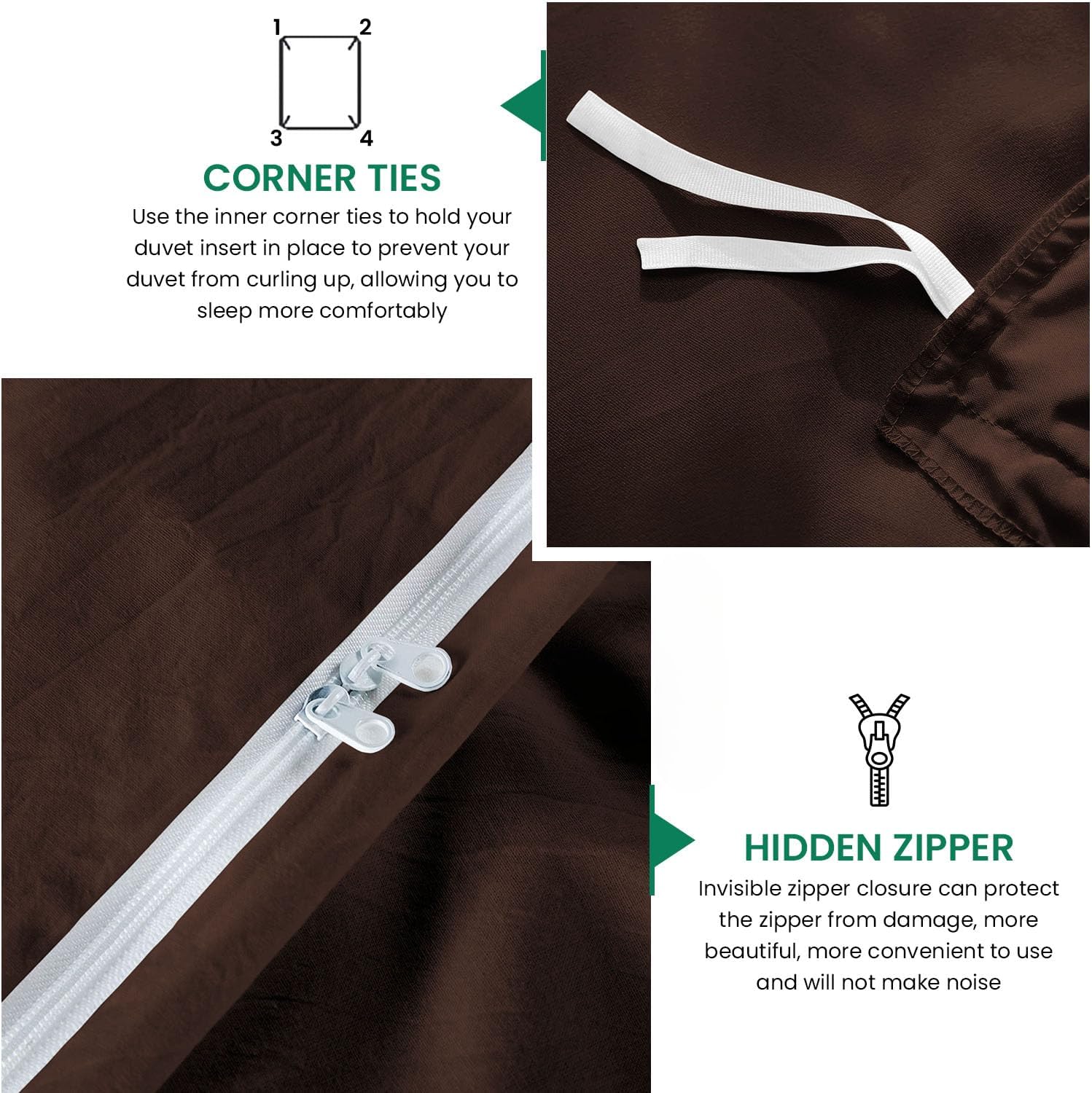 800TC 3 Sided Zipper Duvet Cover Set Soft Egyptian Cotton 3 Sided Zipper Closure, 3 PCS 1-Duvet Cover & 2- Pillow Shams - Oversize Queen Size (98' x 98') Inches, (Solid Chocolate)