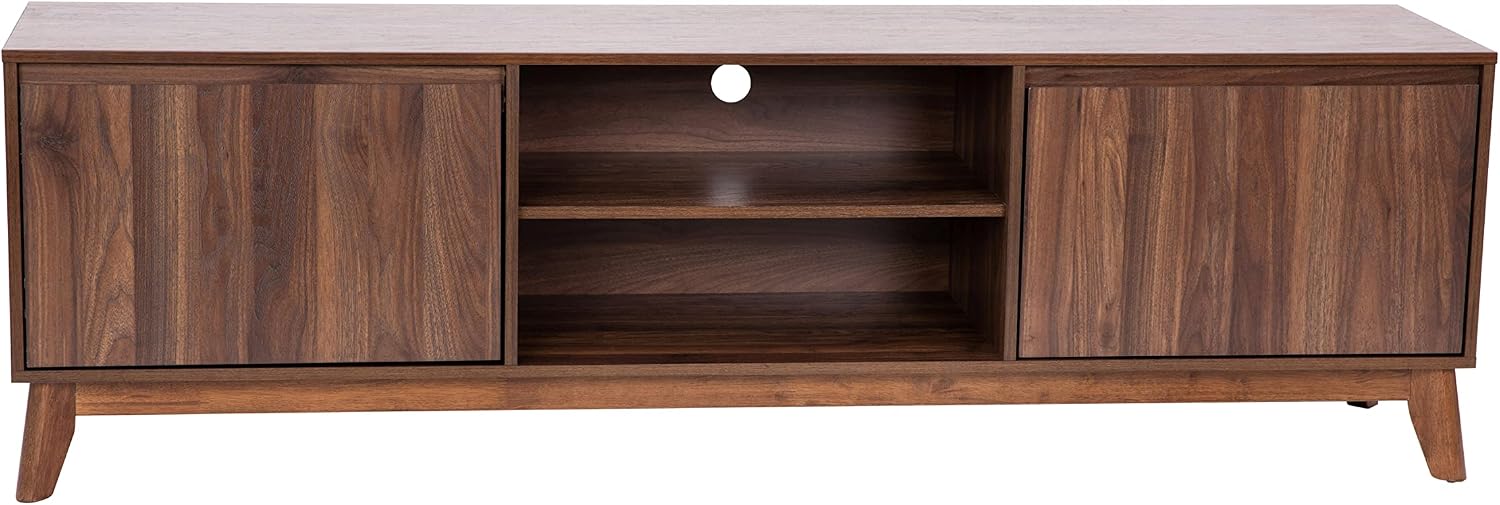 Flash Furniture Hatfield Mid-Century Modern TV Stand For 65+ Inch TV's - Walnut Laminate Finish - 70 Inch Media Center - Adjustable Center Shelf - Soft Close Doors