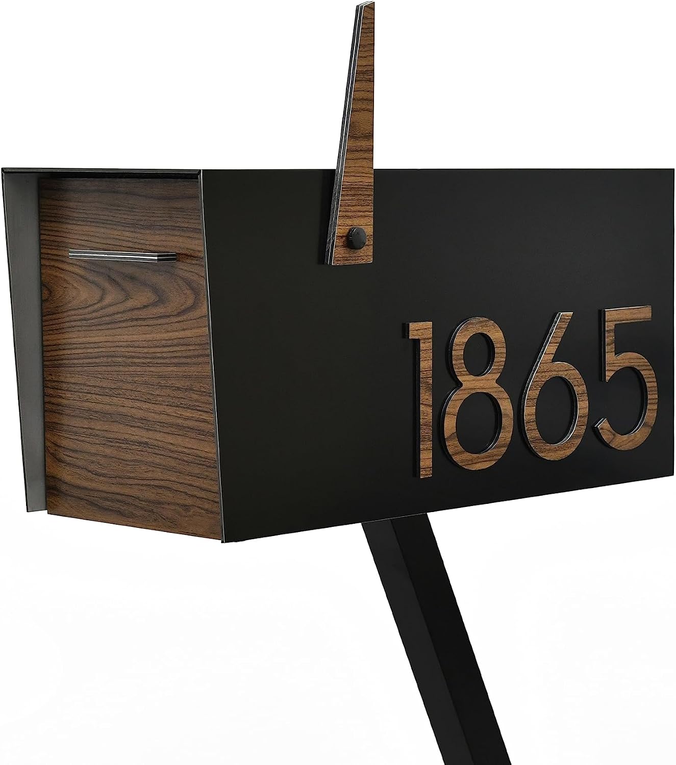 Contemporary Post-Mount Mailbox - Aluminum Black Body with Aluminum Door, Numbers and Flag - Large Customized Mailbox - Type 4 (Walnut Wood)