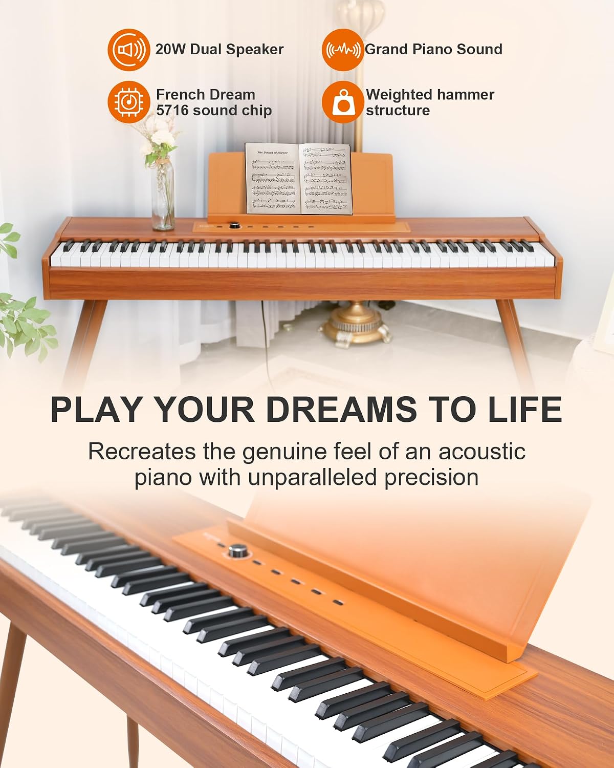 88 Key Full Weighted Electric Piano Keyboard with Stand-Professional Digital Piano, Full-Size Hammer-Action Keyboard for Beginners, with Sheet Music Stand, Pedal, USB-MIDI & Headphone Mode