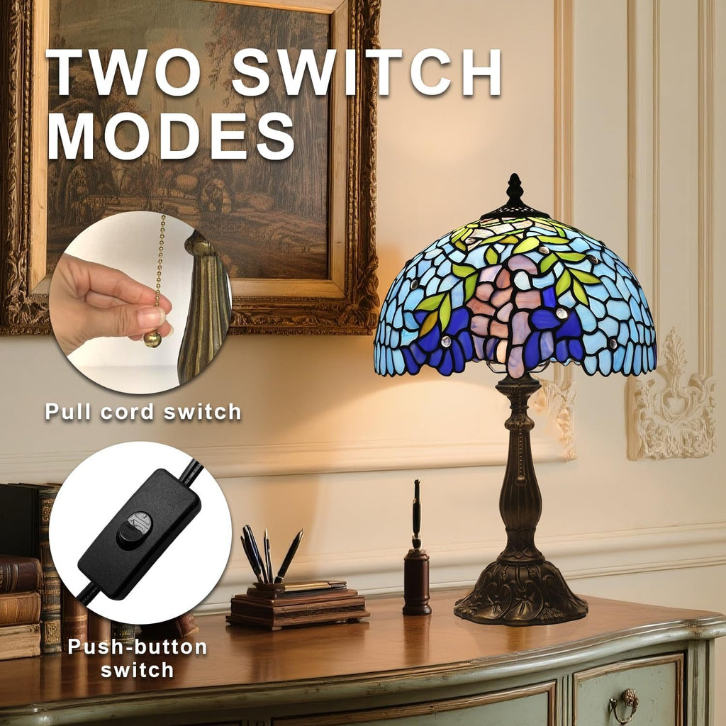 Tiffany Style Table Lamp,Wisteria Flowers Table Lamp,12X12X19 Inch Tiffany Reading Light, Antique Glass Desk Decor Lamp.