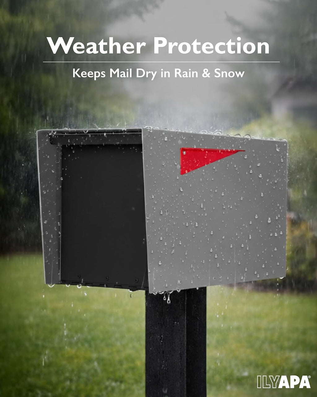 Ilyapa Modern Mailbox for Post Mount - Gray with Black Door Powder Coated Steel, Waterproof Letter Box for Parcels, with Recessed Magnetic Close Door