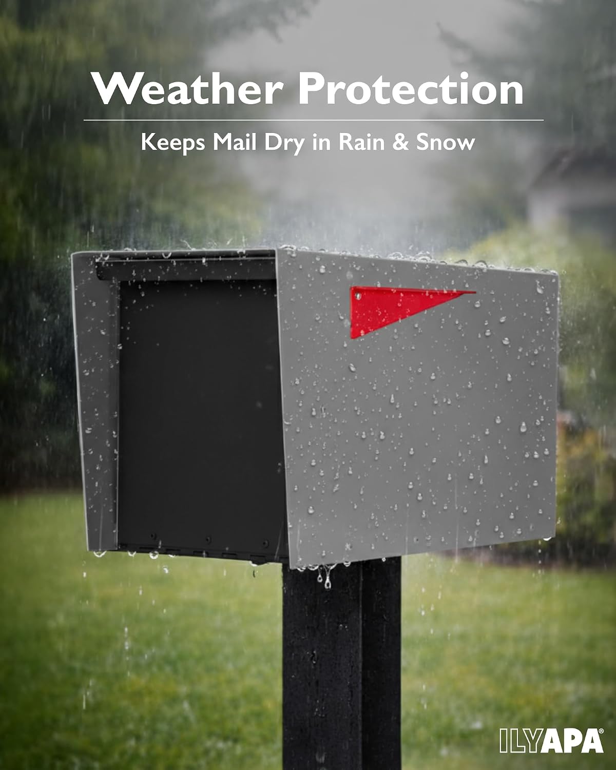 Ilyapa Modern Mailbox for Post Mount - Gray with Black Door Powder Coated Steel, Waterproof Letter Box for Parcels, with Recessed Magnetic Close Door