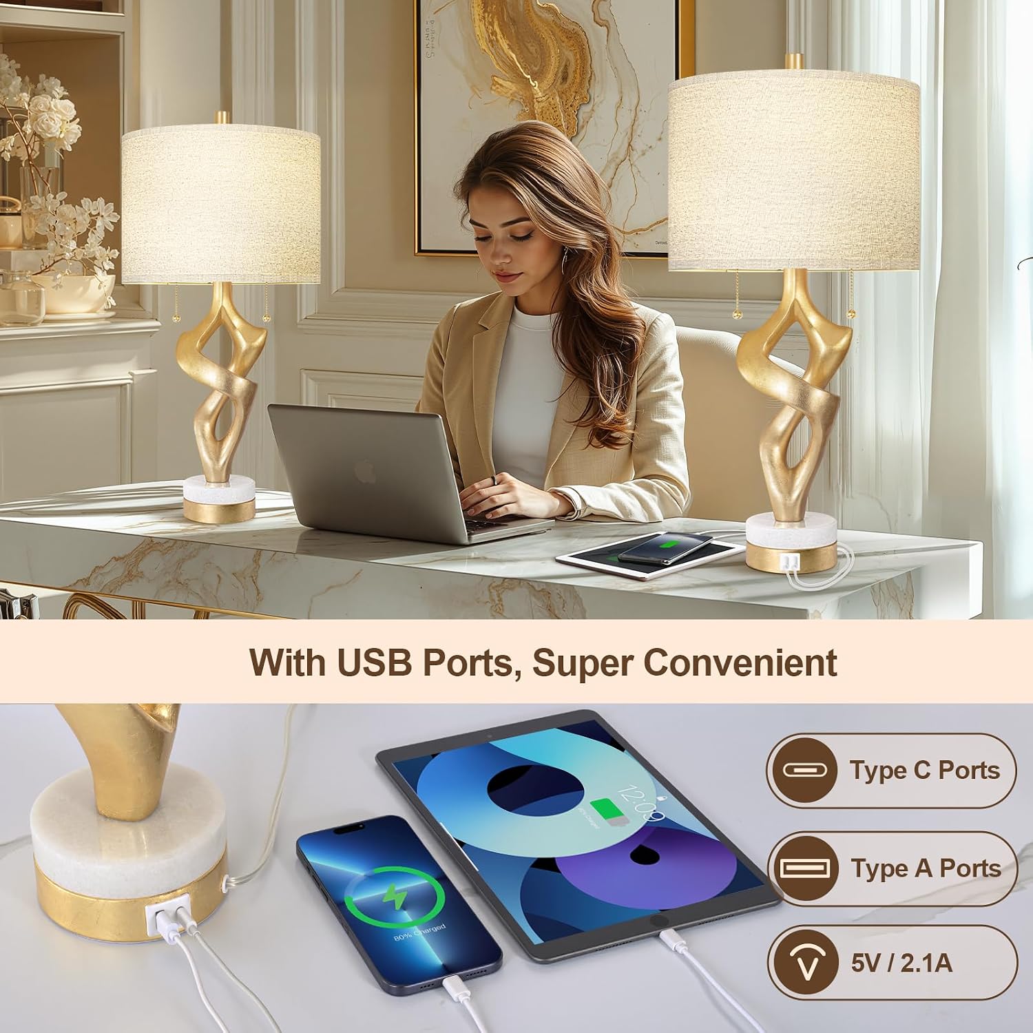 Scenekoy Sculptural Table Lamp Set of 2 with USB Ports for Bedroom Living Room, 26' Gold Leaf Marble Base Bedside Lamps, Pull Chains Switch Modern Nightstand Lamp for Home Room Decor (Bulbs Included)