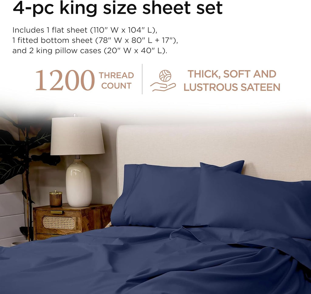 Threadmill American Supima King Size Cotton Sheets, 1200 Thread Count, 4 Piece Luxury Bed Sheets for King Mattress, 5 Star Hotel Quality Sheets with Elasticized Extra Deep Pocket, Folkstone Blue