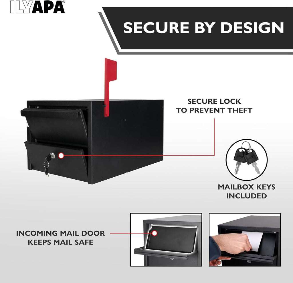 Ilyapa Locking Mailbox with Lock and Key Modern Mailboxes for Outside Post Mount - Black Powder Coated Steel, All Weather & Corrosion Resistant, Stainless Steel, Security