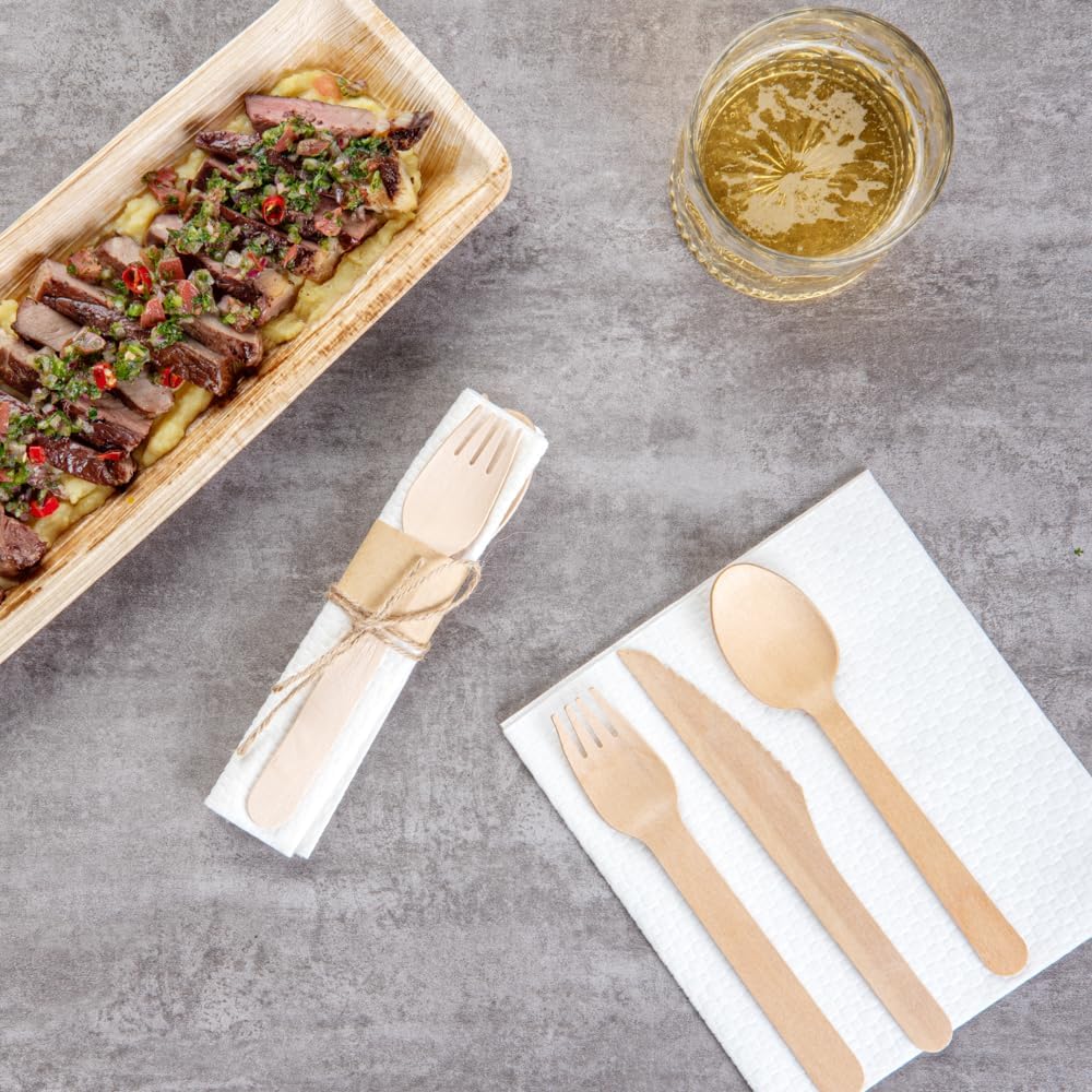 Restaurantware Wood Cutlery Set with Napkin - Tied with Twine - Great For Parties or Catering - Utensil Set - Wooden Fork Knife Spoon and Napkin - 100 ct Box
