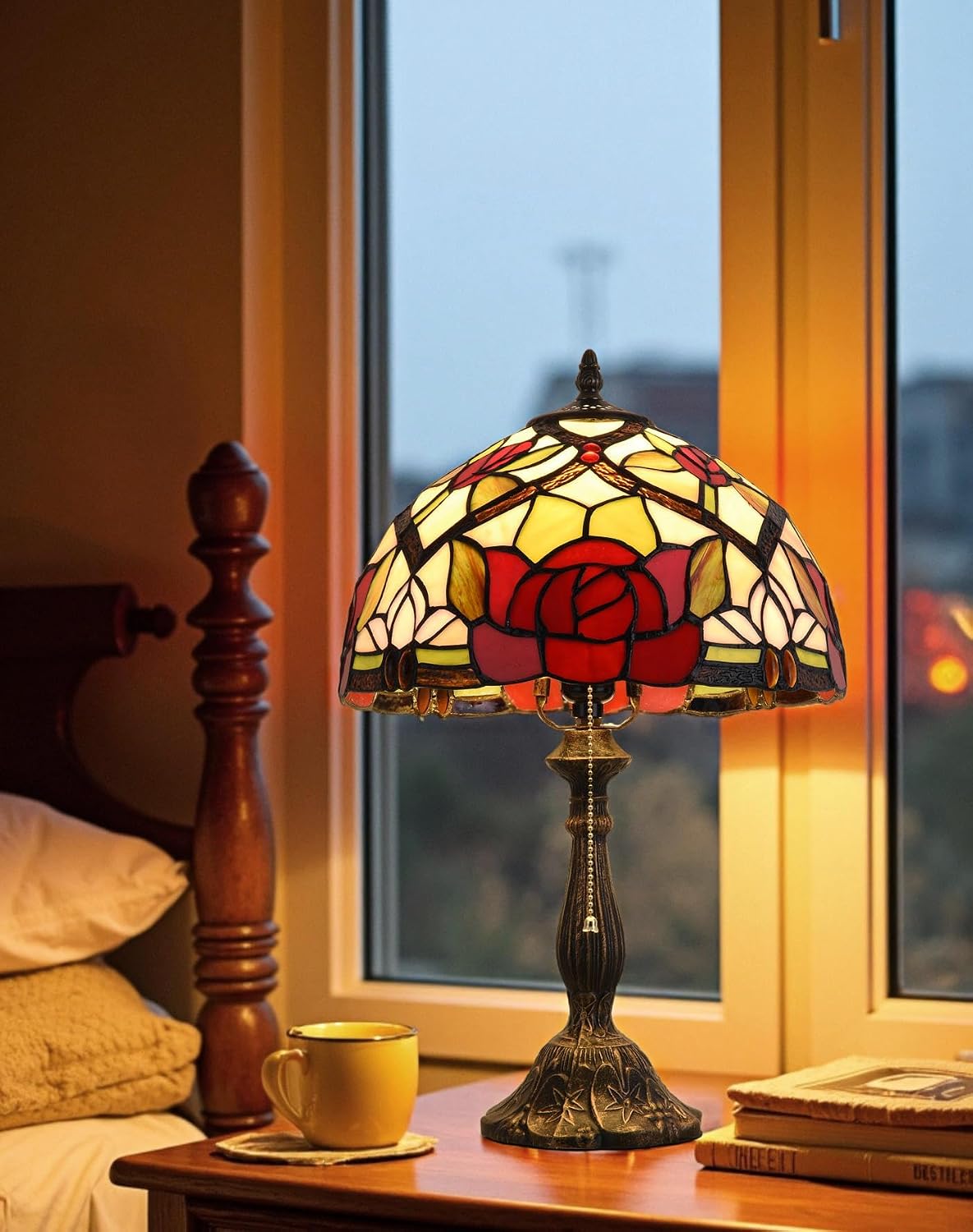 Tiffany Table Lamp, 12-inch Stained Glass Lamp for Living Room, Dining Room, Bedroom, Study Room, Office (Red Rose)