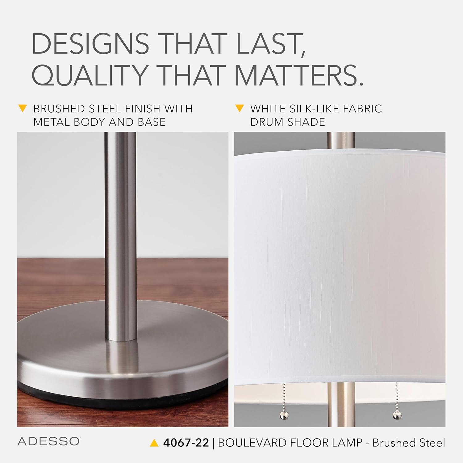 Adesso Floor Lamp with Dual Pull Chains, Brushed Stee; Finish, White Fabric Lampshade – Bedroom, Home Office Lighting, or Living Room Decor, 61' x 18.5'
