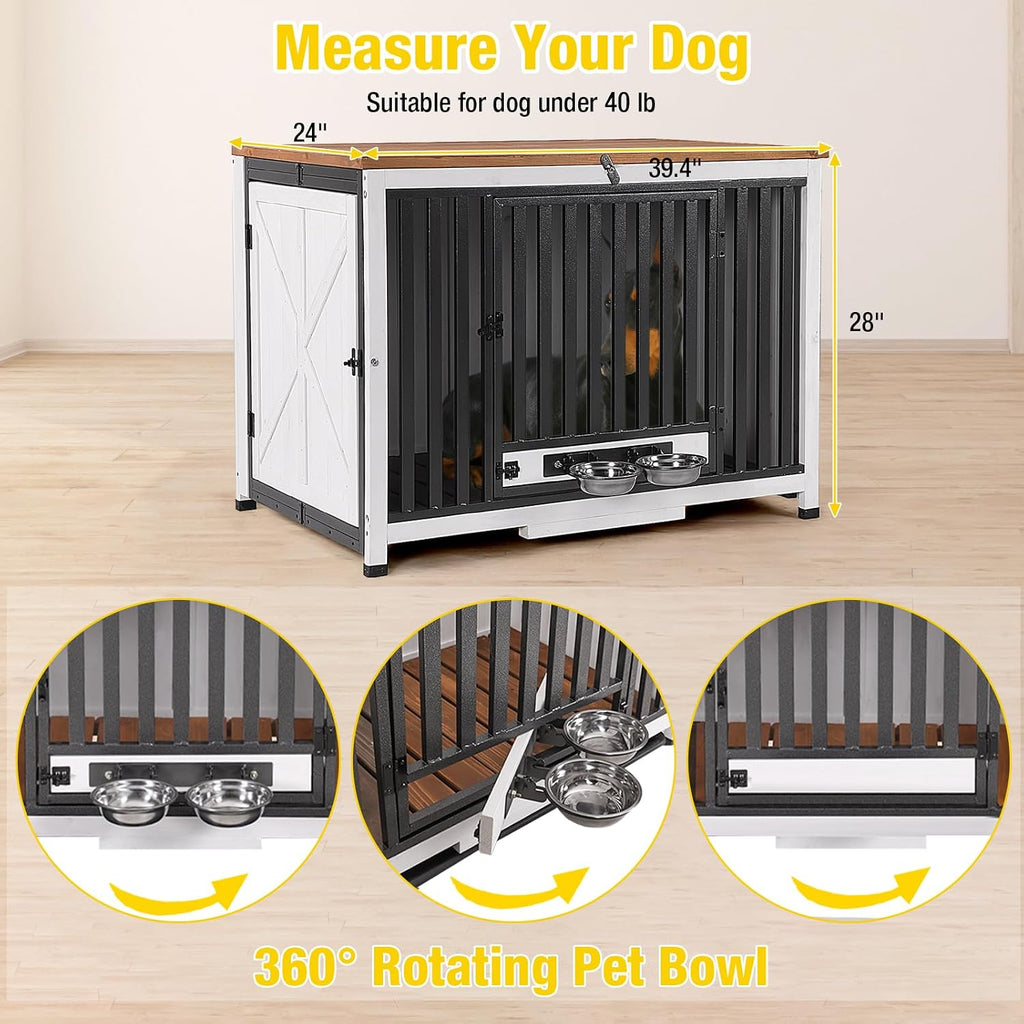 Aivituvin Dog Crate Furniture Foldable Side End Table Expandable Solid Wood Dog Kennel with 360° Rotatable Dog Bowls Indoor Cage, No Assembly Needed (Left Door Removable)
